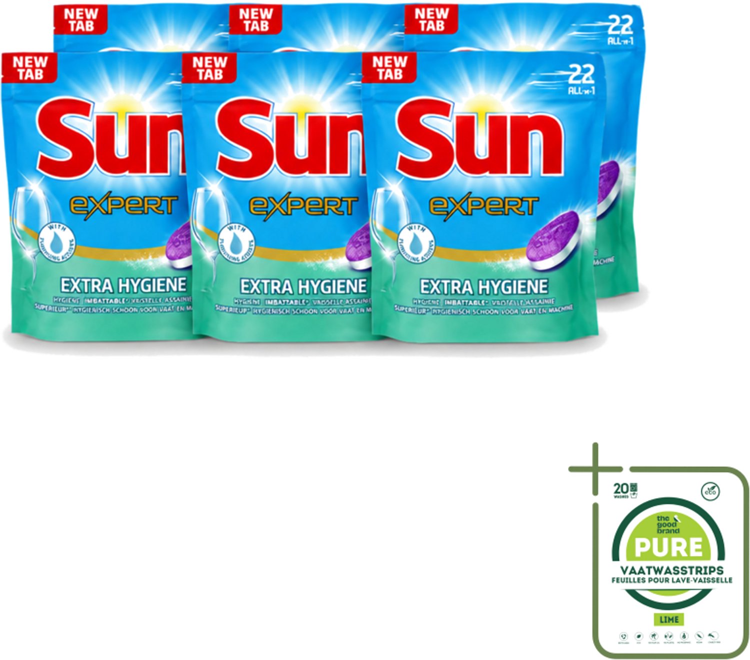 6 x Sun Expert - Extra Hygiëne - Vaatwastabletten - 22 Tabletten - Grootverpakking - Vaatwasstrips - Vaatwastabletten - Hygiëne - Vaatwasser - Reiniging - Kalk