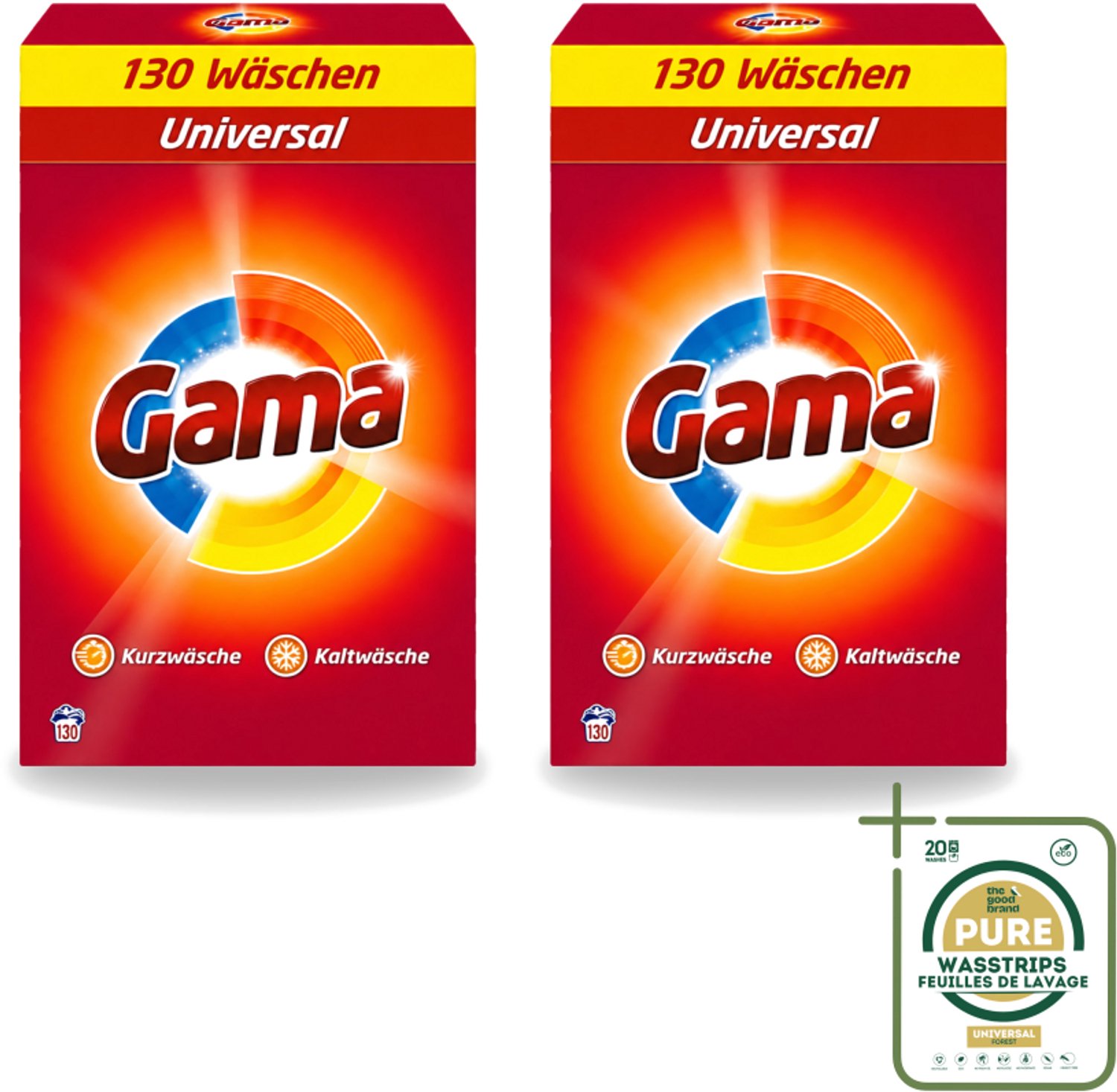 2 x Gama - 3-in-1 Waspoeder - Universal - Voor Alle Kleuren - 130 Wasbeurten - Wasstrips - Waspoeder - Wasbeurten - Wasmachine - Kleurenbeschermer - Vlekkenverwijderer