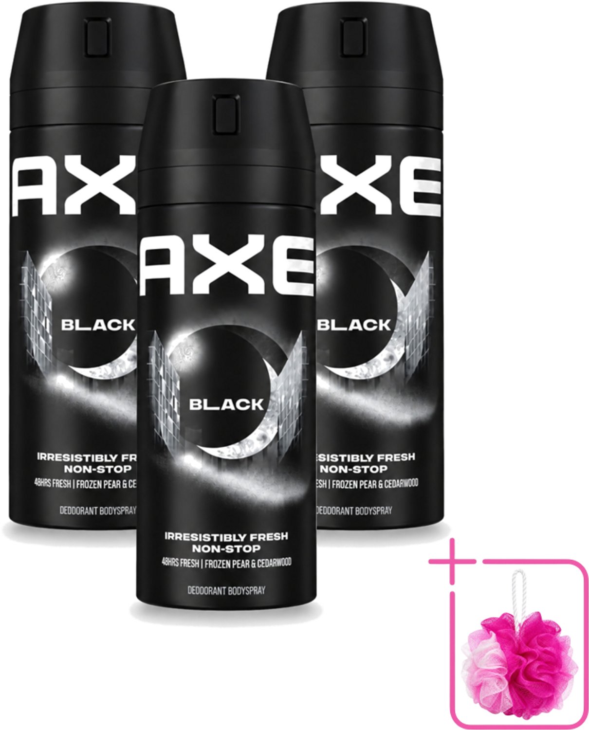 3 x Axe - Deodorant Bodyspray - 48hrs Fresh - Black - Frozen Pear & Cedarwoord - 150 ml - Bulkverpakking - 48 uur bescherming - Douchemop - Deodorant spray