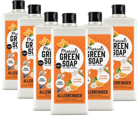 Groep van zes Marcel's Green Soap sinaasappel jasmijn allesreiniger flessen.