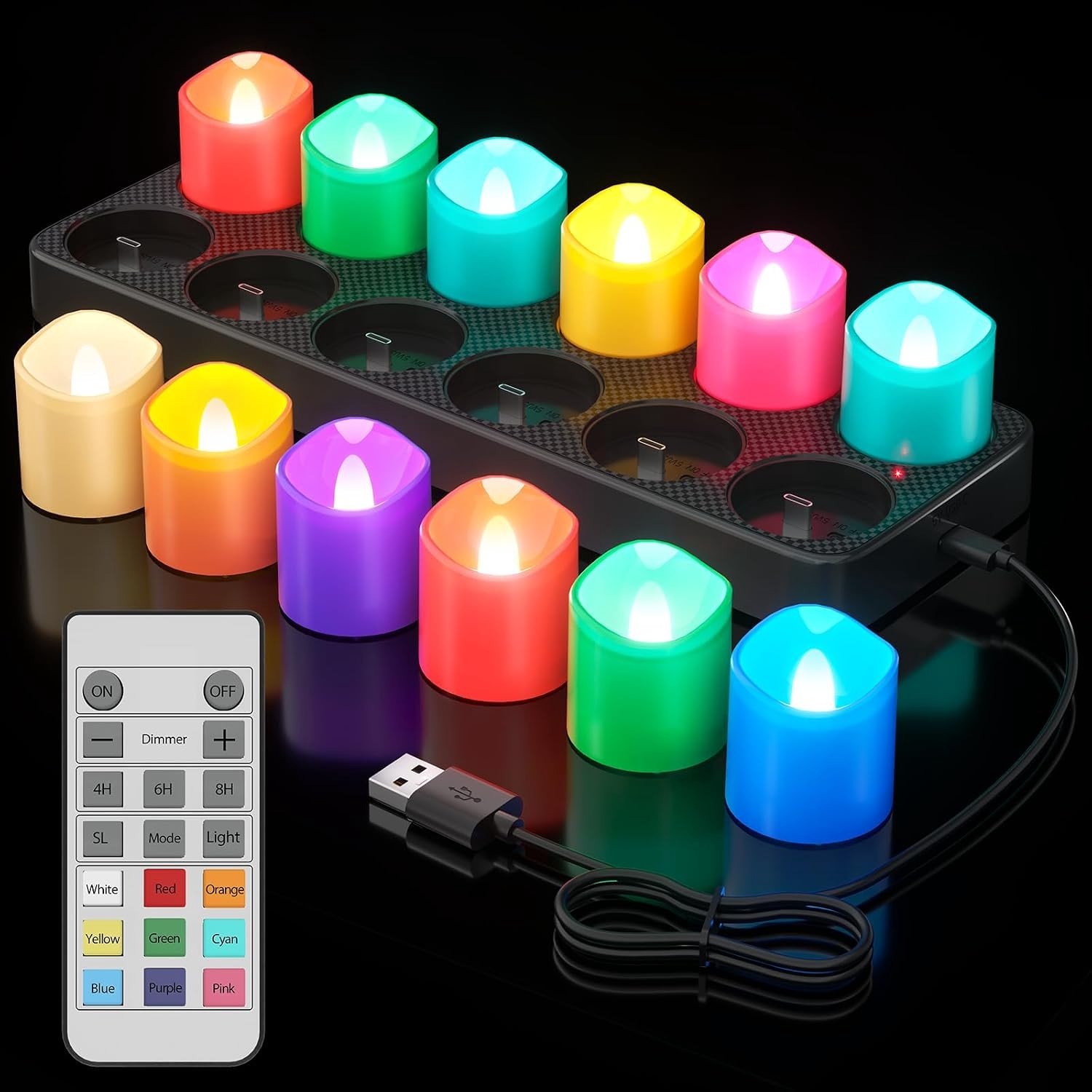 Oplaadbare LED Theelichtjes - Multikleur - 12 stuks - Vlamloos met Afstandsbediening en Timer - Voor Feestelijke Decoratie