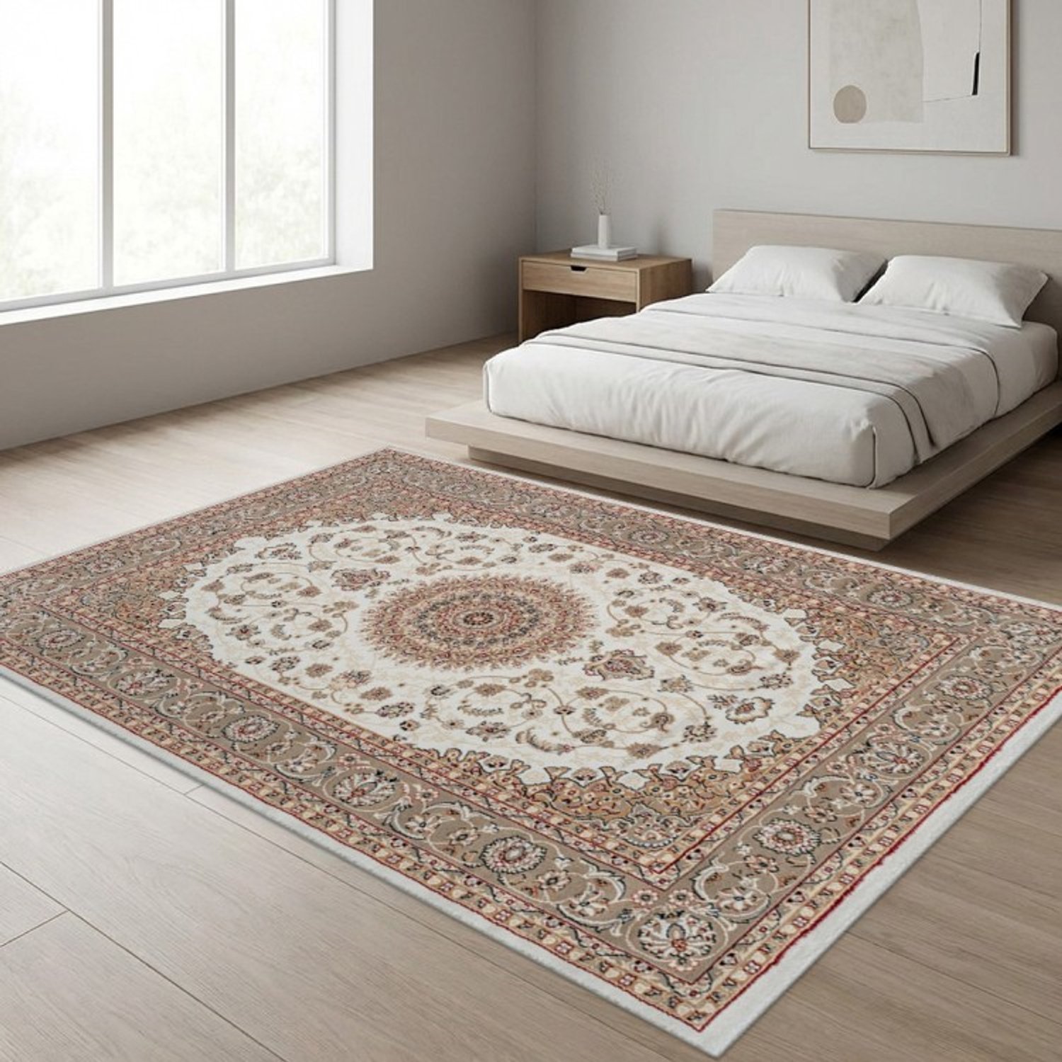 TapisTrend Oosters tapijt Crème 100x300 cm Klassiek met bloemenmedaillon voor de woonkamer, slaapkamer en eetkamer Beige