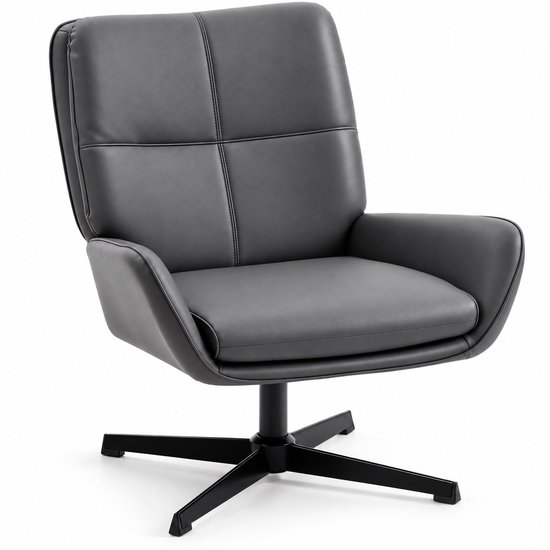Grijze draaifauteuil met gestikte zitting en rugleuning, en zwarte metalen draaivoet.