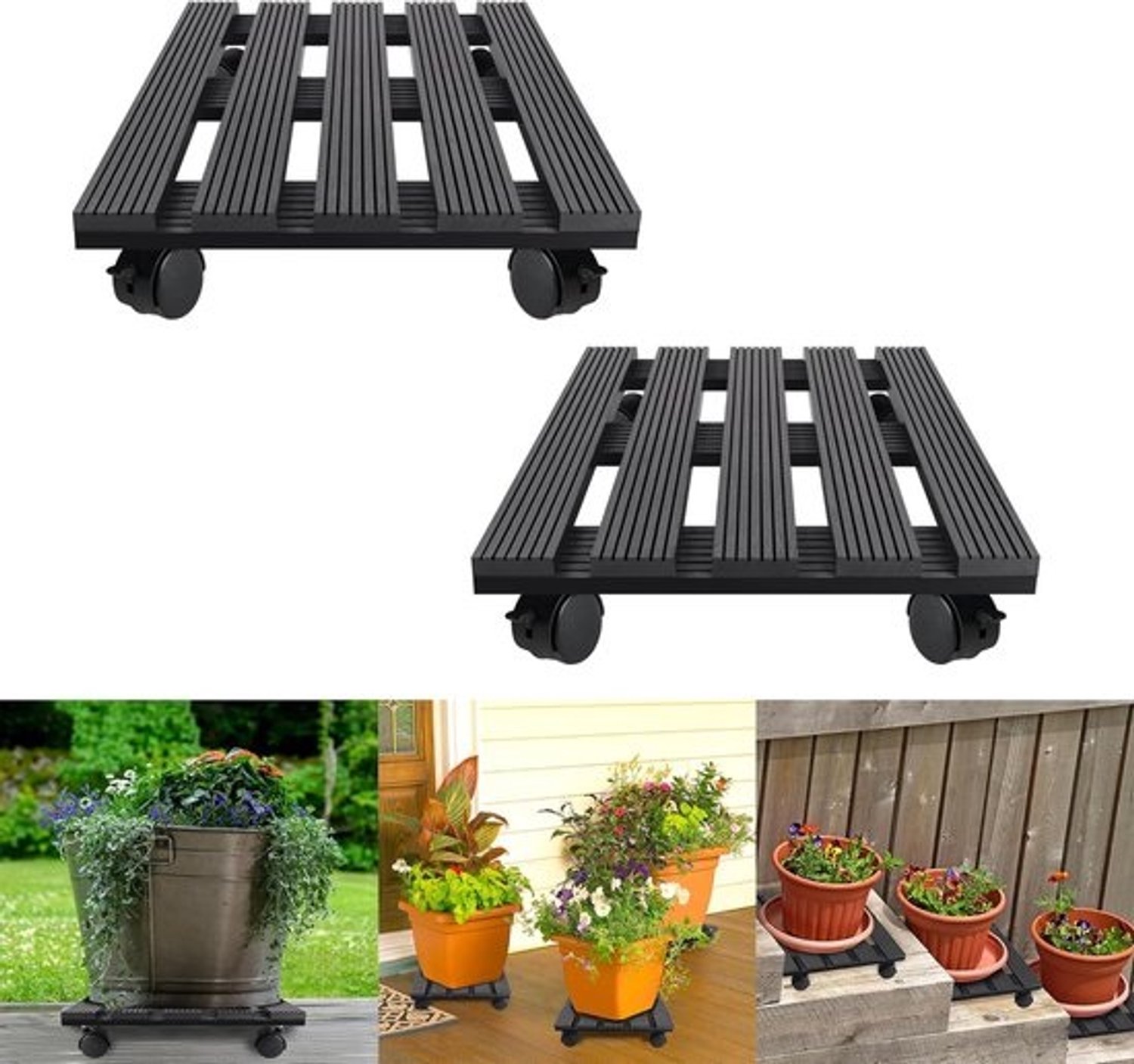 Plantenroller vierkant - Rolplank bloempot - Planten verplaatsen - 100 kg draagkracht - 30x30 cm - Antraciet