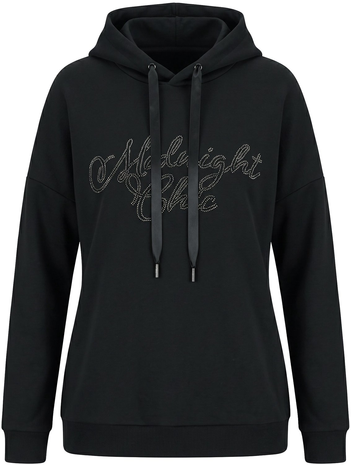 Ulla Popken - Dames - Hoodie tekst met kraaltjes capuchon lange mouwen - Zwart - Maat 54+