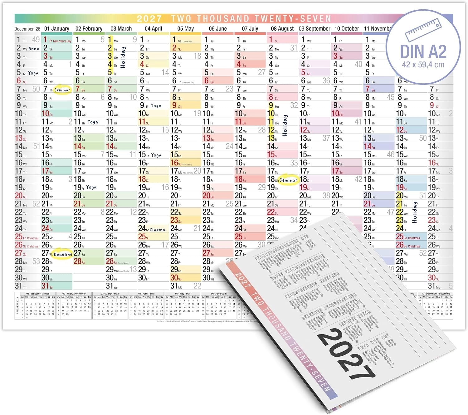 Wandkalender 2026 - A2 Formaat - 14 Maanden Overzicht - Kleurrijk Design - Voor Kantoor en Thuis