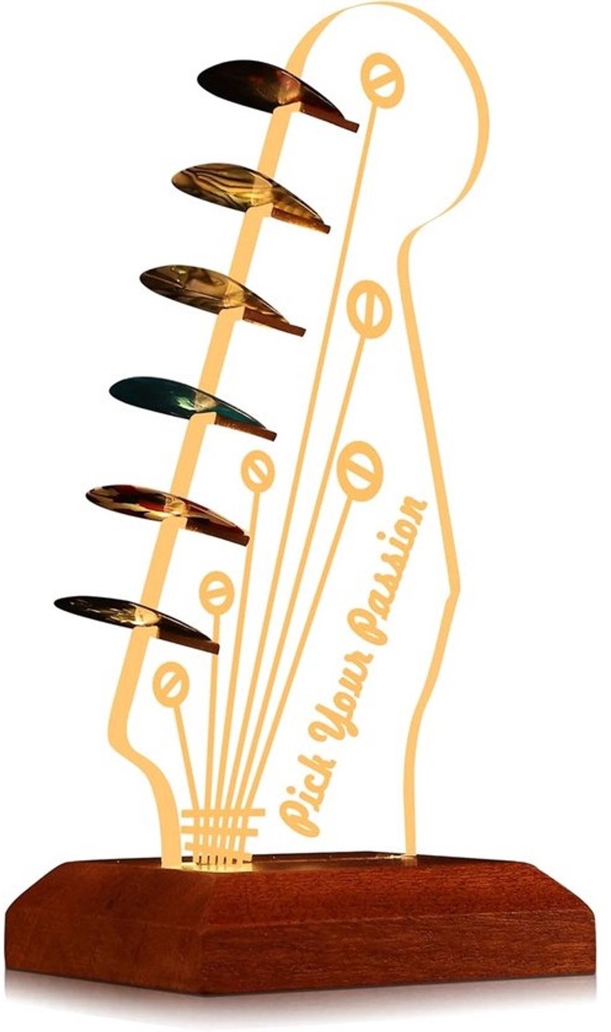 Lichtgevende gitaar plectrum houder met houten basis voor opslag en display