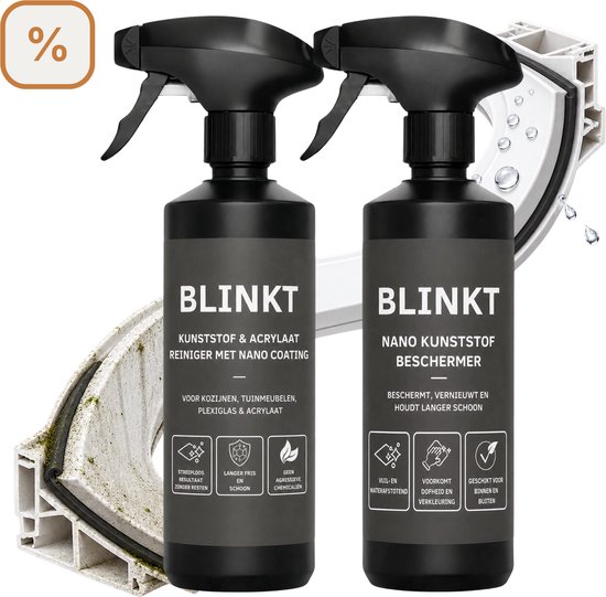 Twee zwarte BLINKT spuitflessen, één met een gele productsticker, de ander met een blauwe. Een stuk verontreinigd profiel ernaast.
