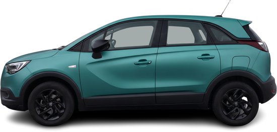 Zijprofiel van een turkooizen Opel Grandland X SUV met zwarte velgen en zwarte accenten.
