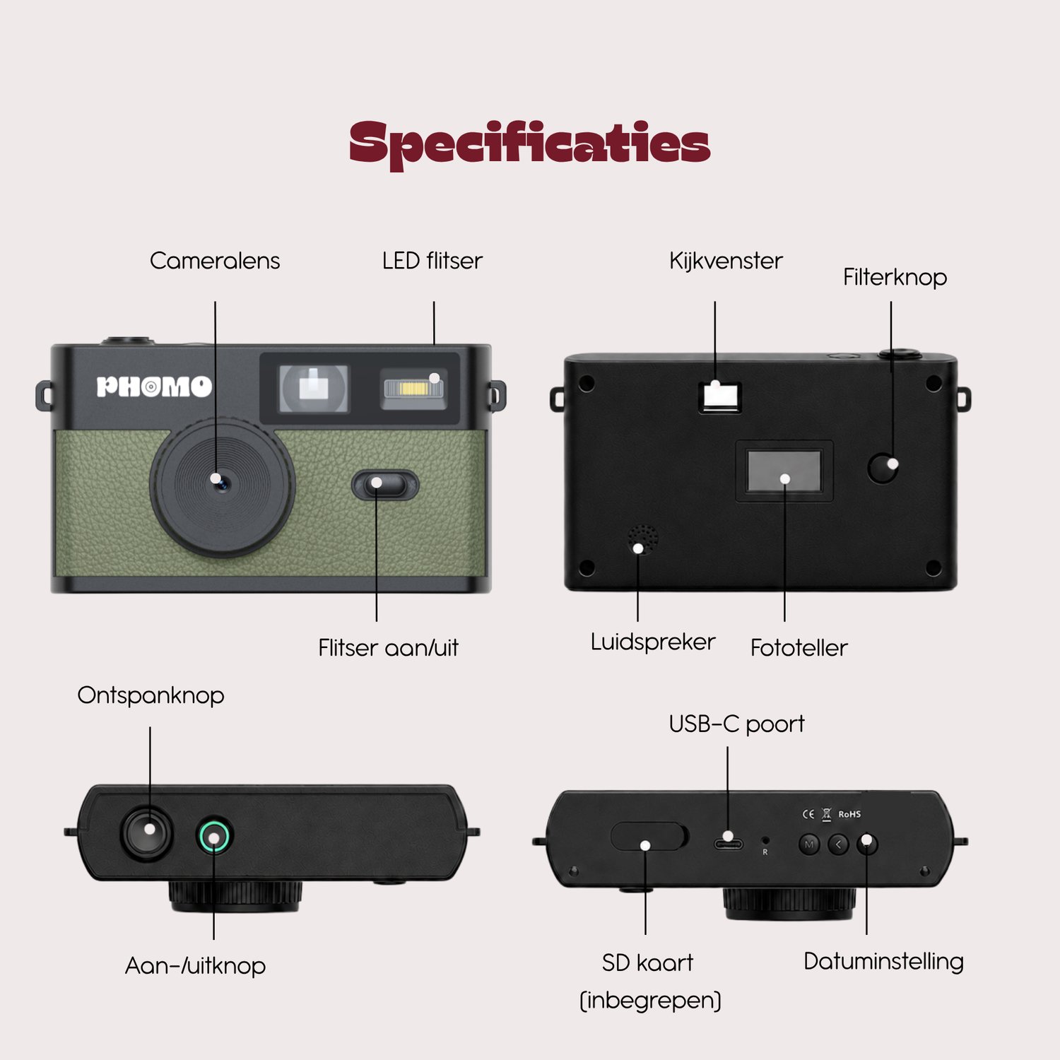 Phomo Digitale Retro Camera - Compact Camera - 8MP - 4 Retrofilters - Flits - SD-kaart - USB-C - Olijf Groen thumbnail 3