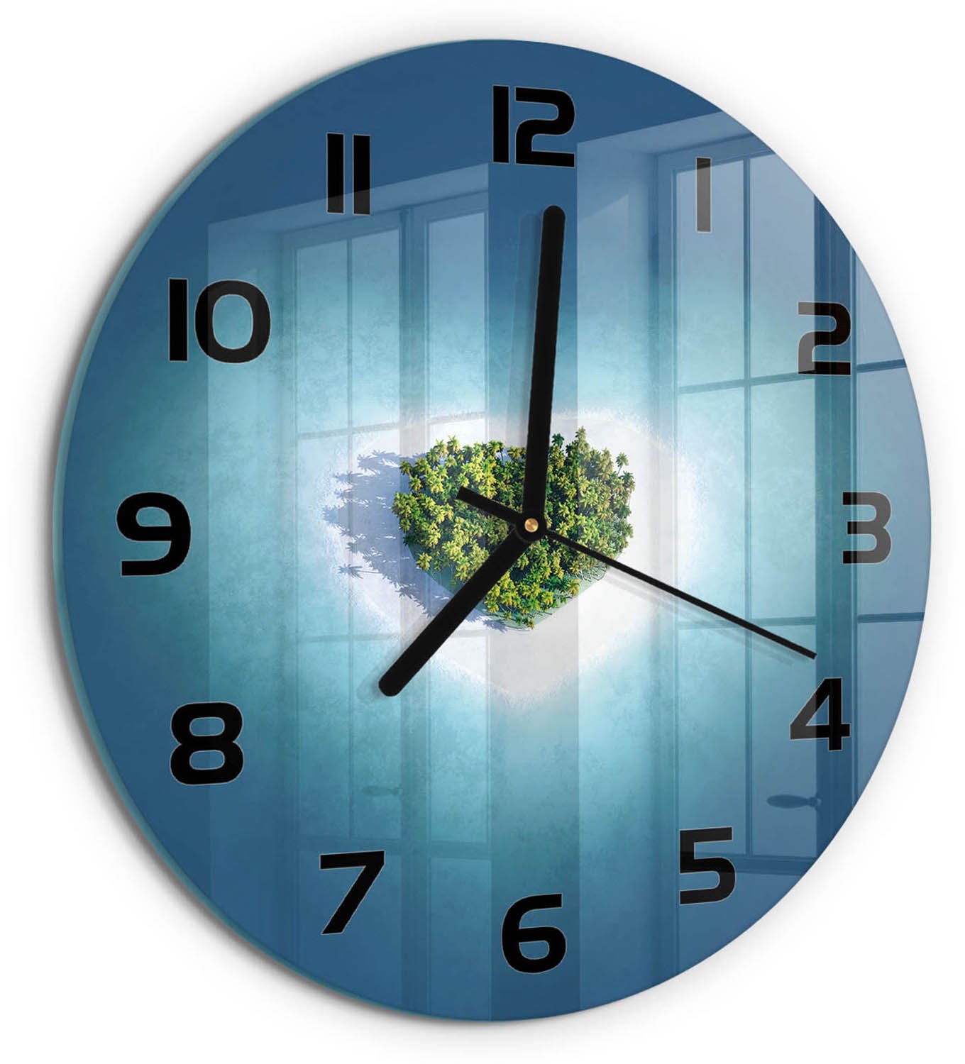 TULUP Wandklok - Hartvormig eiland Wandklok Glas Met Motief - fi30 cm - Blauw Decoratieve Glazen Klok - Zwarte handen - Ronde Klok - Gekleurde Glazen Klok - Glazen Klok Met Print