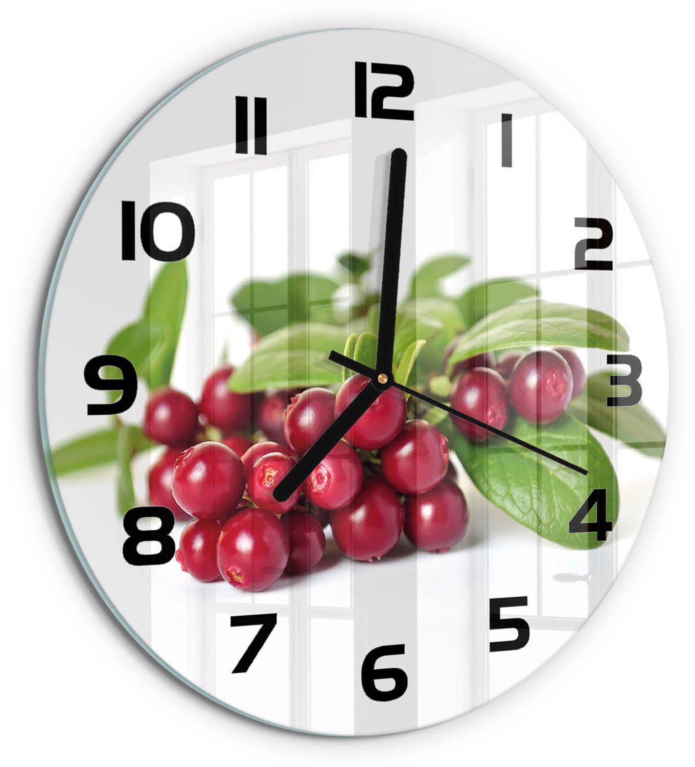 TULUP Wandklok - Cranberries Decoratieve Glazen Klok - fi30 cm - Rood Glazen Wandklok Design - Zwarte handen - Ronde Klok - Glazen Klok Met Print - Wandklok Glas Met Motief