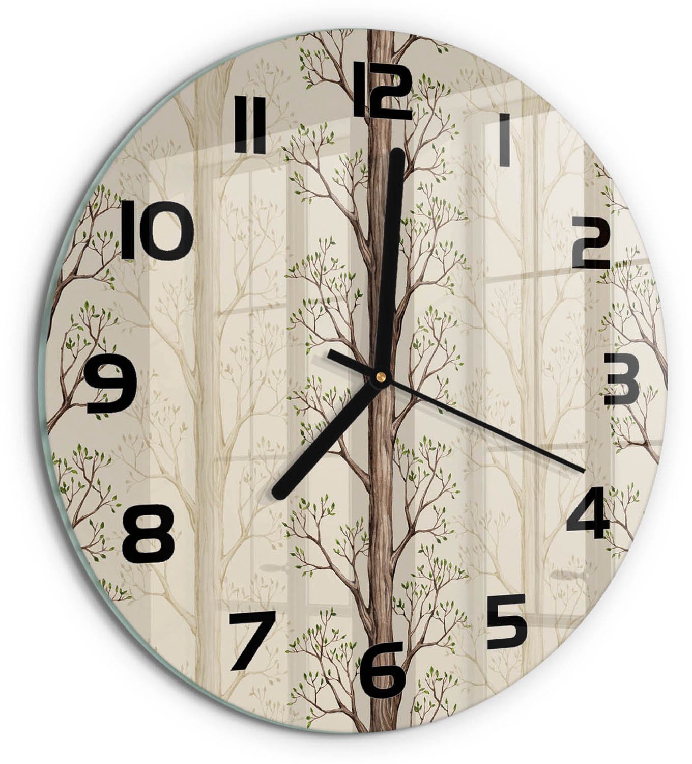 TULUP Wandklok - Bomen Klok Glas Met Opdruk - fi30 cm - Bruin Moderne Wandklok Glas - Zwarte handen - Ronde Klok - Decoratieve Glazen Klok - Glazen Wandklok Design