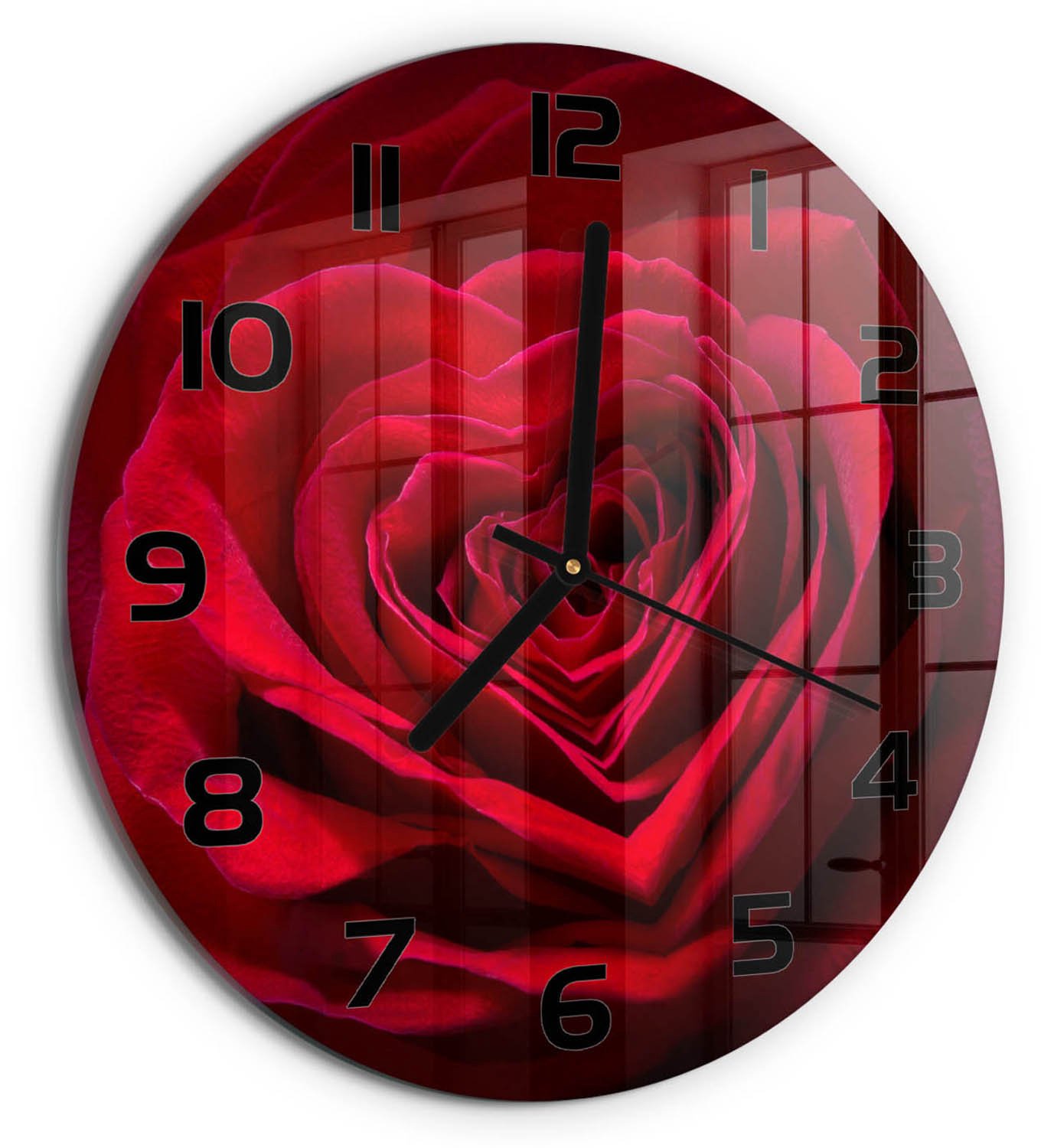 TULUP Wandklok - Rode rozenhart Wandklok Glas Decoratie - fi30 cm - Rood Gekleurde Glazen Klok - Zwarte handen - Ronde Klok - Klok Glas Met Opdruk - Moderne Wandklok Glas