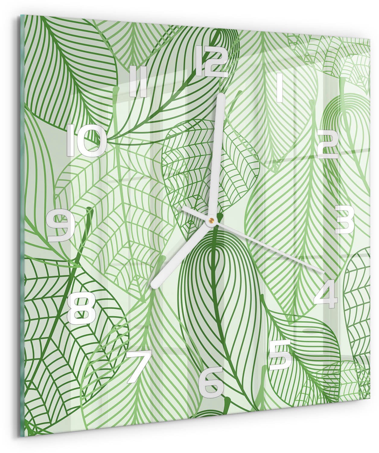 Tulup Wandklok - Bladpatroon Moderne Wandklok Glas - 30x30 cm - Groente Wandklok Glas Decoratie - Witte handen - Vierkante Klok - Glazen Wandklok Design - Klok Glas Met Opdruk