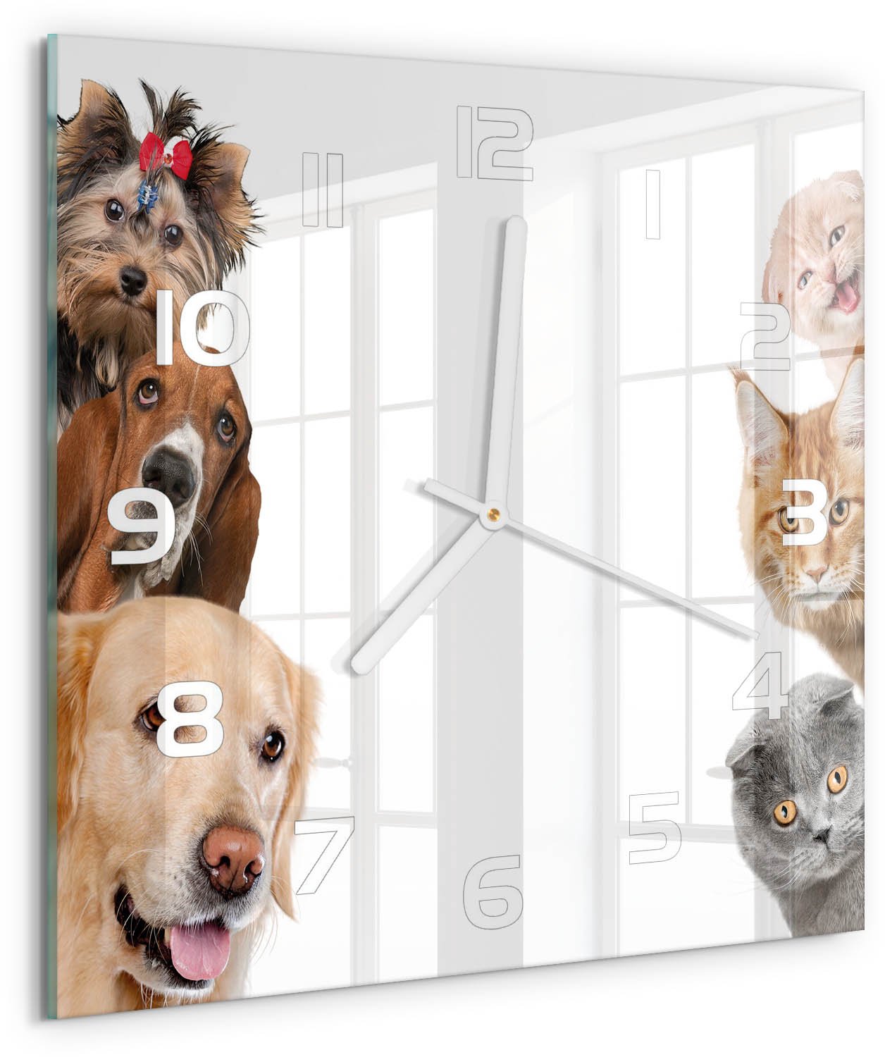 Tulup Wandklok - Honden en katten Klok Glas Met Opdruk - 30x30 cm - Beige Moderne Wandklok Glas - Witte handen - Vierkante Klok - Decoratieve Glazen Klok - Glazen Wandklok Design