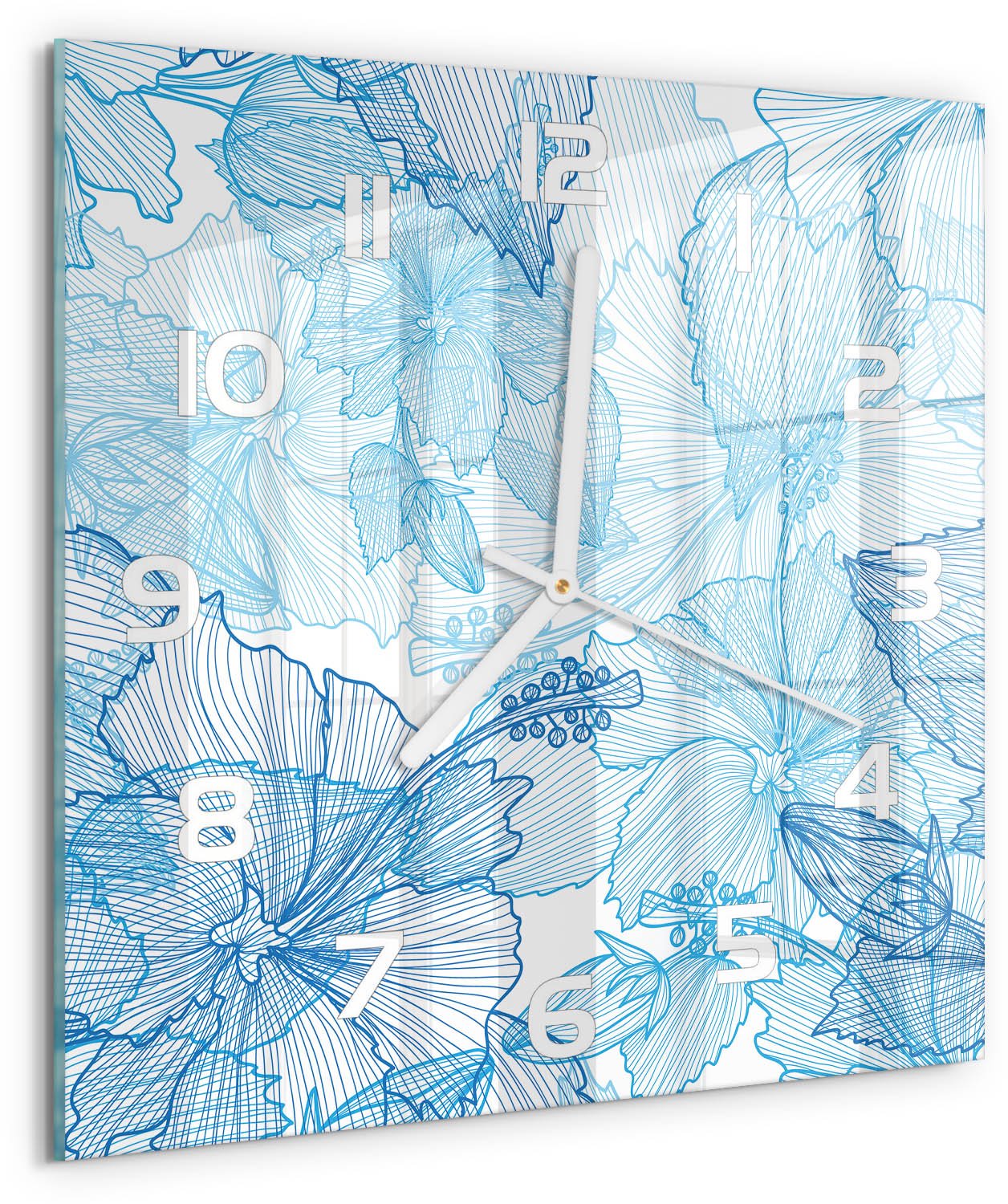Tulup Wandklok - Hawaiiaanse bloemen Klok Glas Met Opdruk - 30x30 cm - Blauw Moderne Wandklok Glas - Witte handen - Vierkante Klok - Decoratieve Glazen Klok - Glazen Wandklok Design