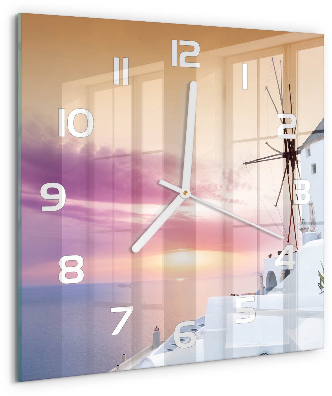 TULUP Wandklok - Santorini, Griekenland Gekleurde Glazen Klok - 30x30 cm - Wit Glazen Klok Met Print - Witte handen - Vierkante Klok - Moderne Wandklok Glas - Wandklok Glas Decoratie