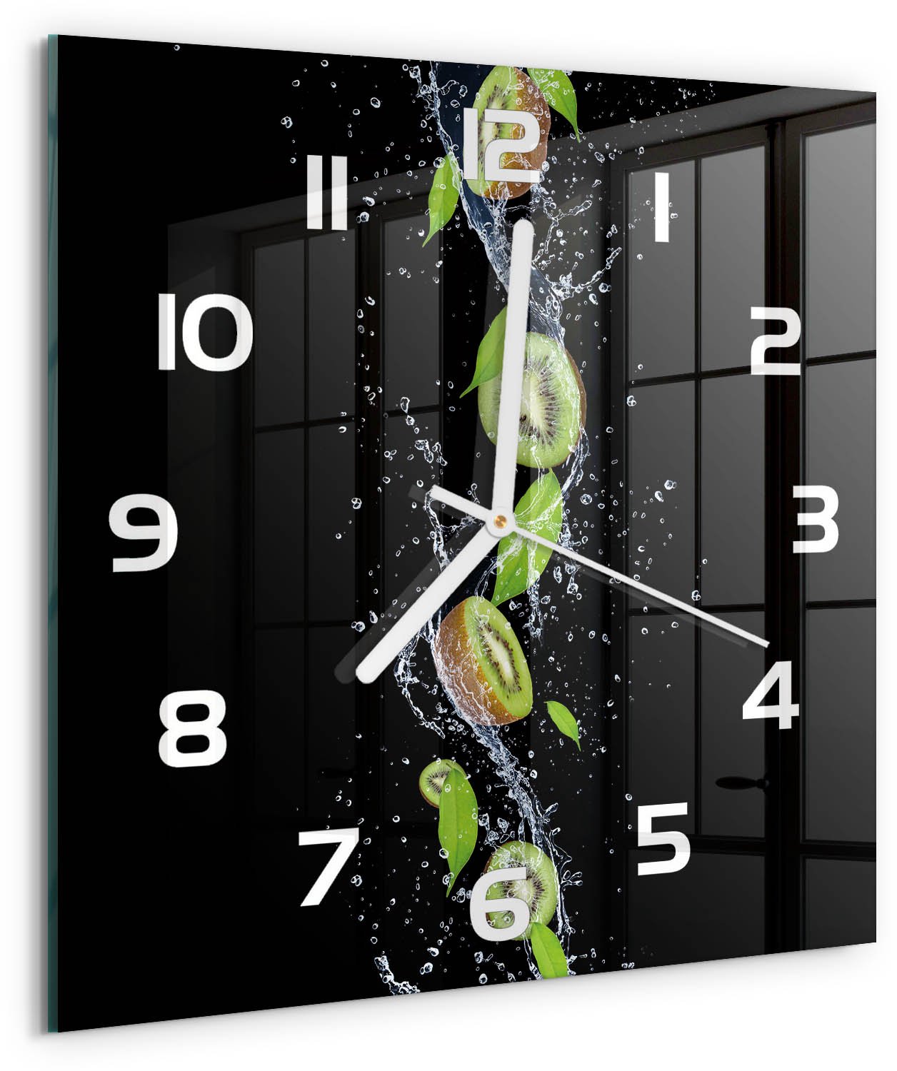 Tulup Wandklok - Kiwi en water Klok Glas Met Opdruk - 30x30 cm - Groente Moderne Wandklok Glas - Witte handen - Vierkante Klok - Decoratieve Glazen Klok - Glazen Wandklok Design