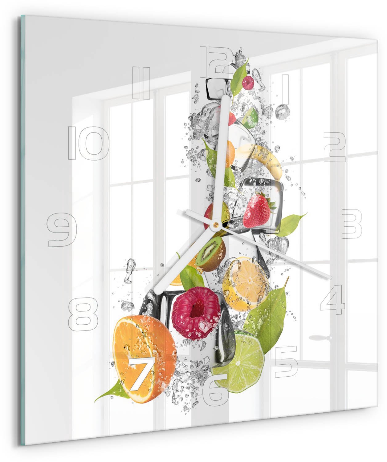 Tulup Wandklok - Fruit met ijs Glazen Wandklok Design - 30x30 cm - Veelkleurig Klok Glas Met Opdruk - Witte handen - Vierkante Klok - Wandklok Glas Met Motief - Decoratieve Glazen Klok