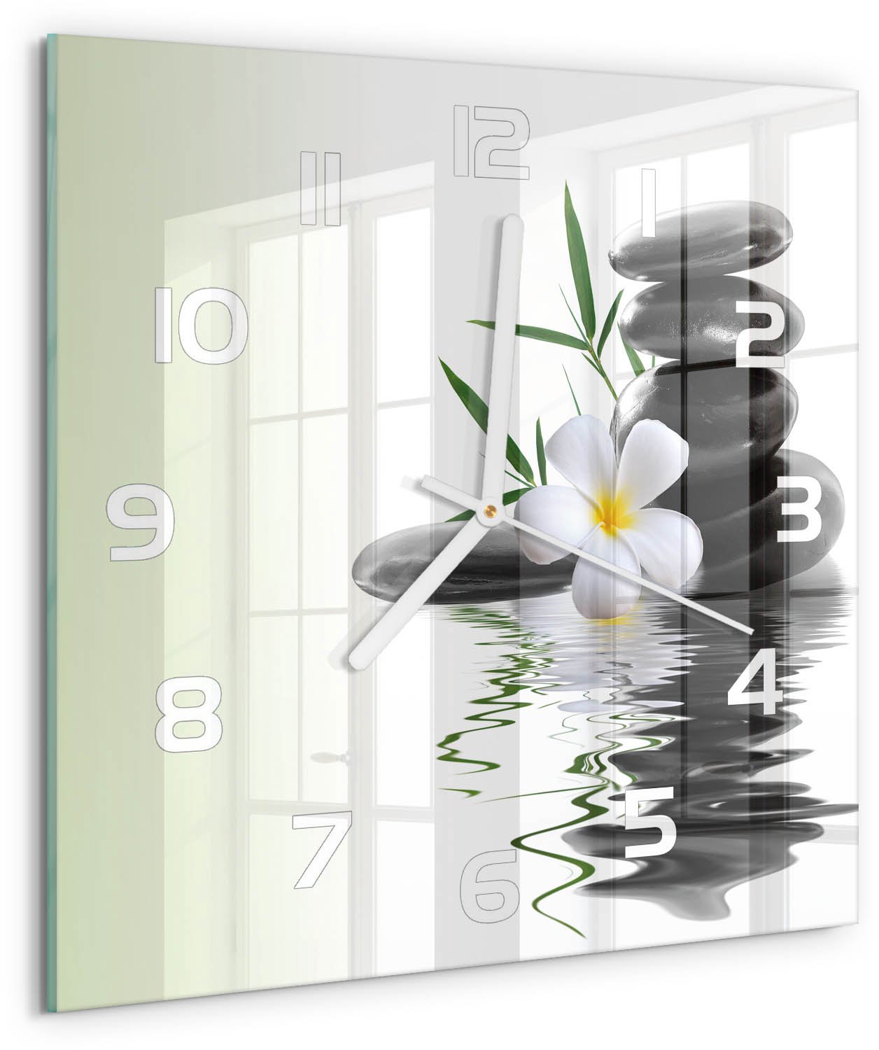 Tulup Wandklok - Orchidee en stenen Wandklok Glas Decoratie - 30x30 cm - Zwart Gekleurde Glazen Klok - Witte handen - Vierkante Klok - Klok Glas Met Opdruk - Moderne Wandklok Glas