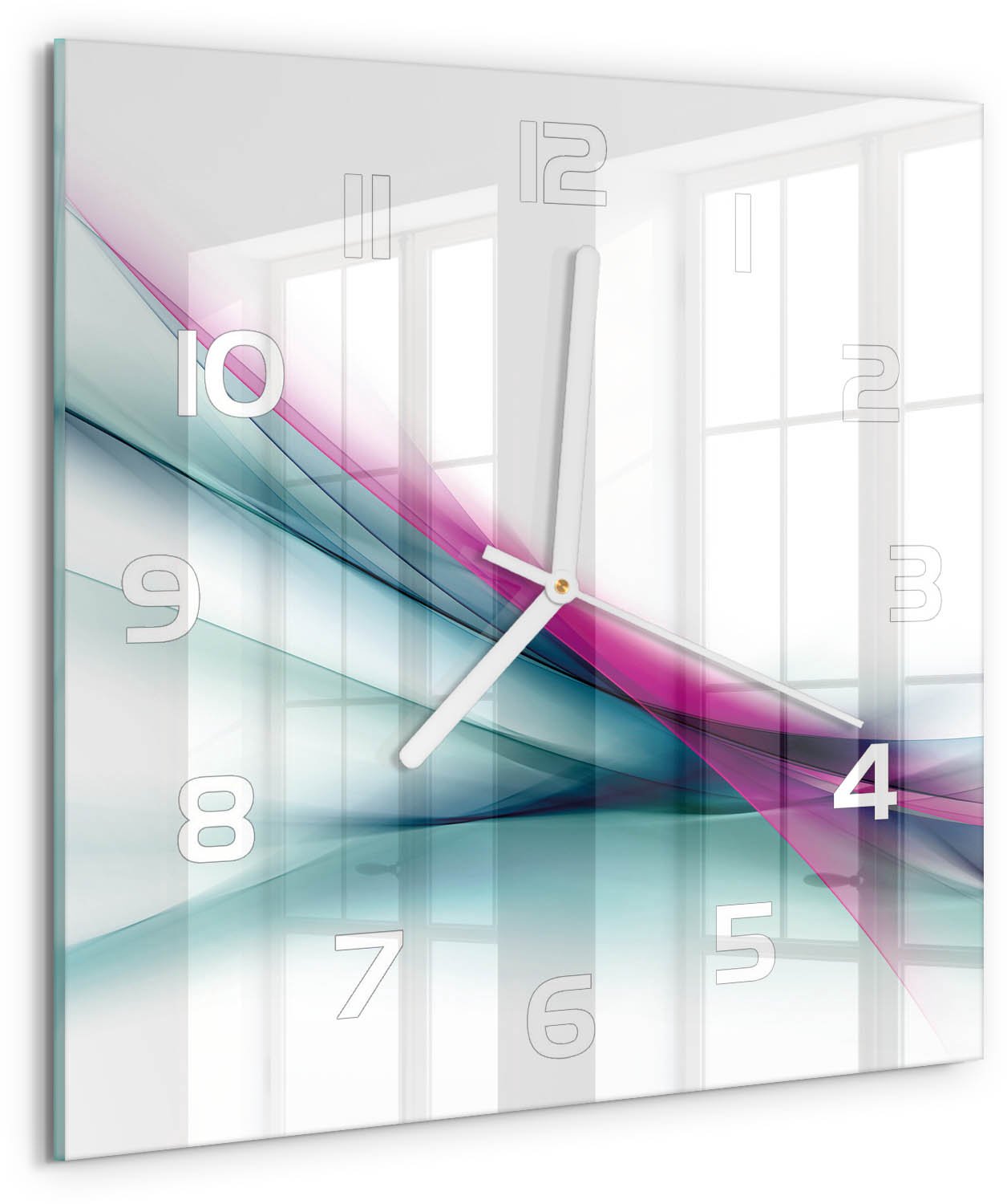 Tulup Wandklok - Golfabstractie Glazen Wandklok Design - 30x30 cm - Veelkleurig Klok Glas Met Opdruk - Witte handen - Vierkante Klok - Wandklok Glas Met Motief - Decoratieve Glazen Klok