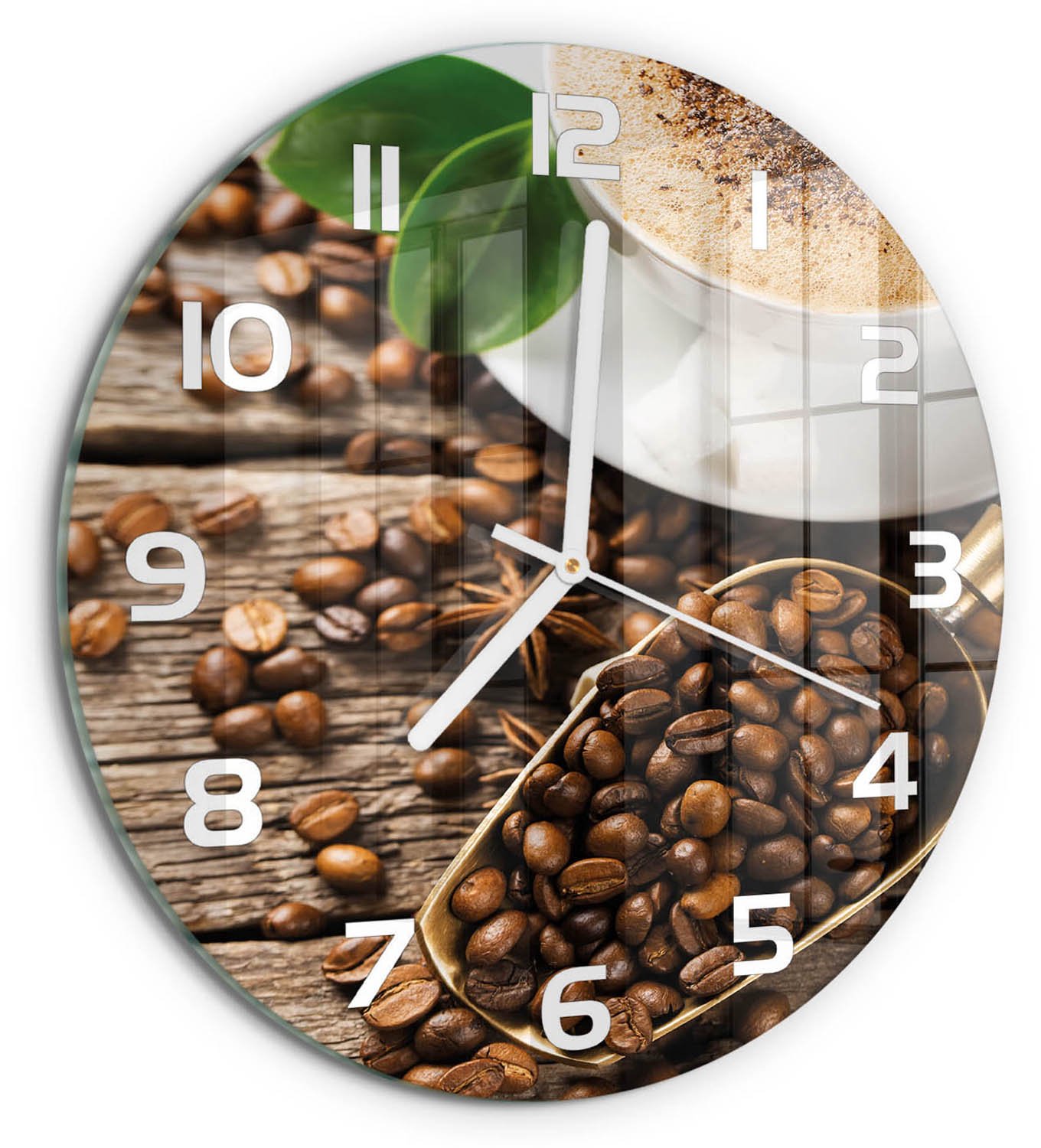 TULUP Wandklok - Koffie Wandklok Glas Decoratie - fi30 cm - Bruin Gekleurde Glazen Klok - Witte handen - Ronde Klok - Klok Glas Met Opdruk - Moderne Wandklok Glas