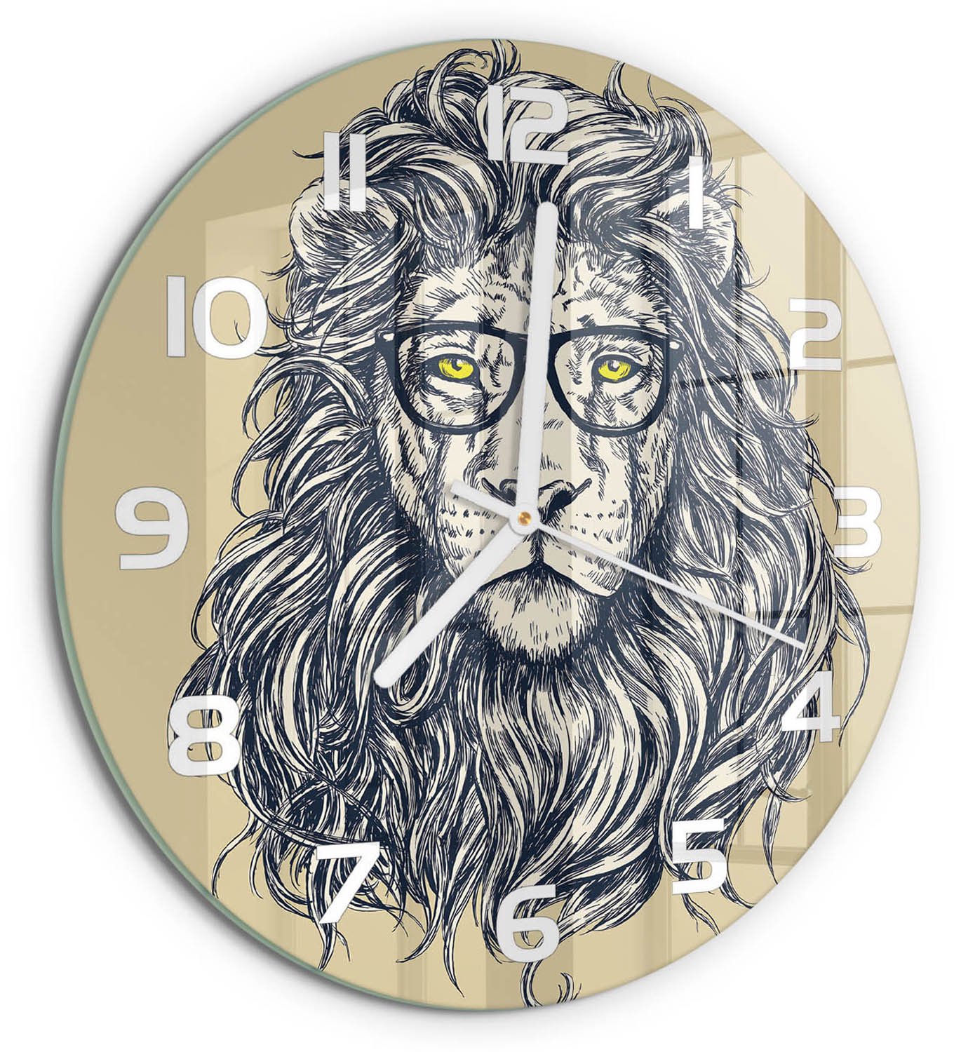 TULUP Wandklok - Hipster Leeuw Wandklok Glas Decoratie - fi30 cm - Beige Gekleurde Glazen Klok - Witte handen - Ronde Klok - Klok Glas Met Opdruk - Moderne Wandklok Glas