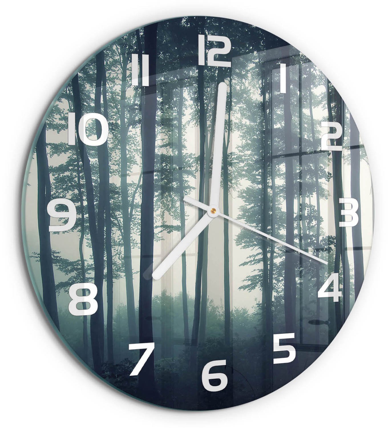 TULUP Wandklok - Mist in het bos Wandklok Glas Met Motief - fi30 cm - Zwart Decoratieve Glazen Klok - Witte handen - Ronde Klok - Gekleurde Glazen Klok - Glazen Klok Met Print