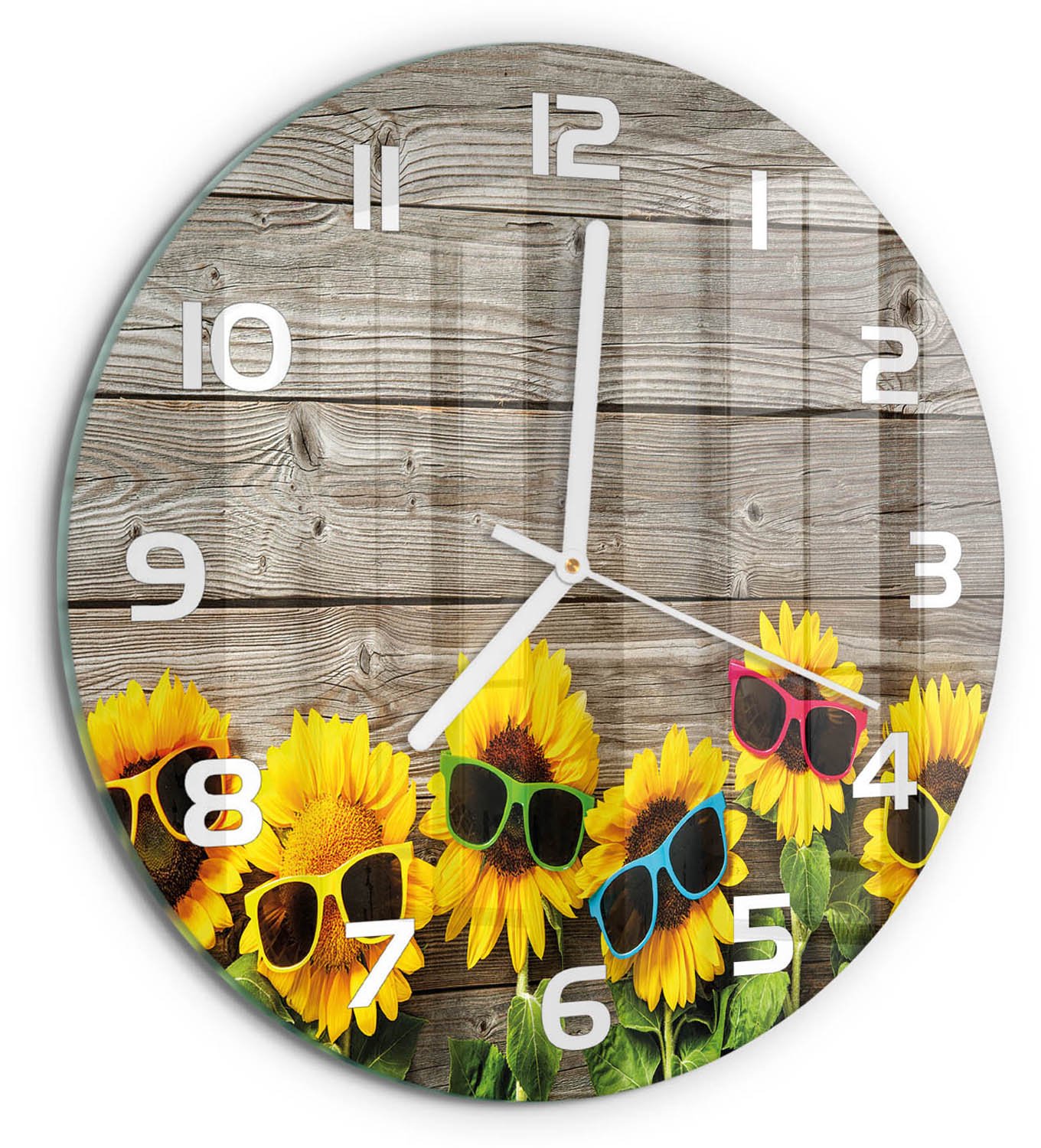 TULUP Wandklok - Zonnebloemen Wandklok Glas Met Motief - fi30 cm - Geel Decoratieve Glazen Klok - Witte handen - Ronde Klok - Gekleurde Glazen Klok - Glazen Klok Met Print