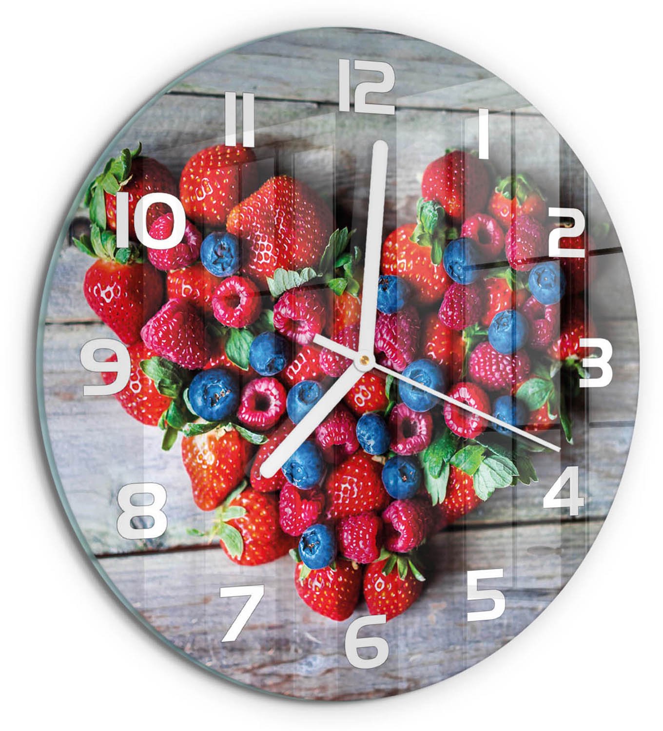 TULUP Wandklok - Hart van Fruit Klok Glas Met Opdruk - fi30 cm - Rood Moderne Wandklok Glas - Witte handen - Ronde Klok - Decoratieve Glazen Klok - Glazen Wandklok Design