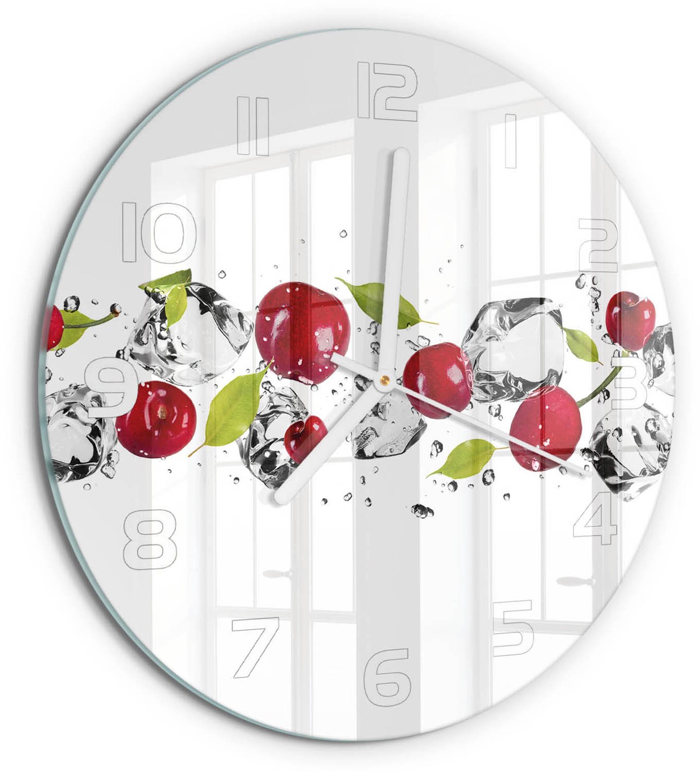 TULUP Wandklok - Kersen en water Wandklok Glas Met Motief - fi30 cm - Rood Decoratieve Glazen Klok - Witte handen - Ronde Klok - Gekleurde Glazen Klok - Glazen Klok Met Print