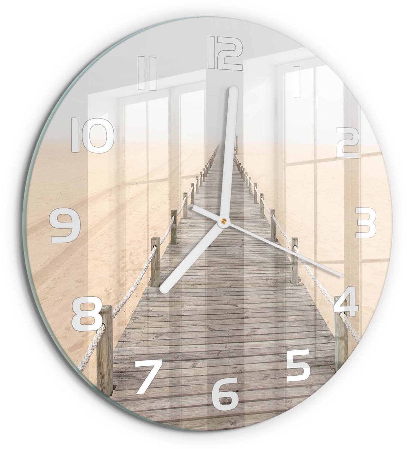 TULUP Wandklok - Strandpad Wandklok Glas Decoratie - fi30 cm - Beige Gekleurde Glazen Klok - Witte handen - Ronde Klok - Klok Glas Met Opdruk - Moderne Wandklok Glas
