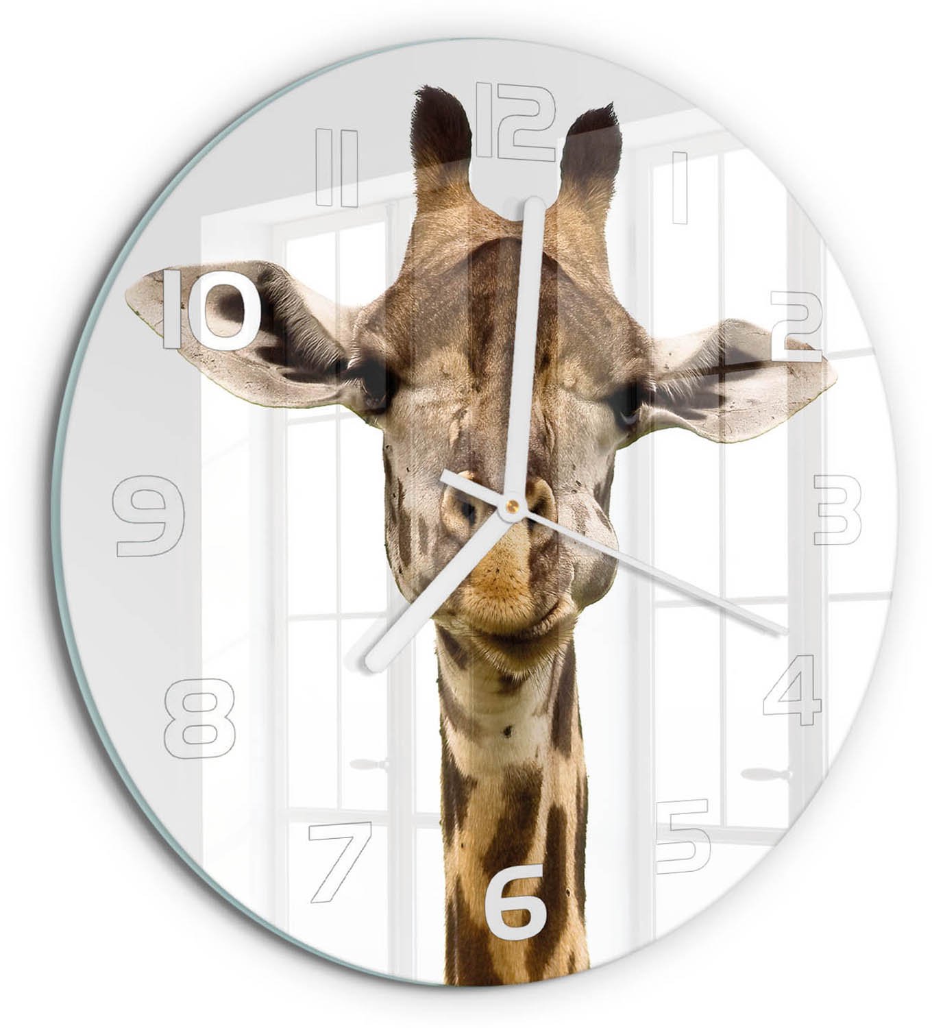 TULUP Wandklok - Giraffe Klok Glas Met Opdruk - fi30 cm - Bruin Moderne Wandklok Glas - Witte handen - Ronde Klok - Decoratieve Glazen Klok - Glazen Wandklok Design