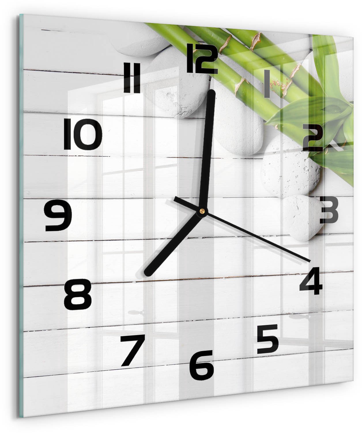TULUP Wandklok - Bamboe Moderne Wandklok Glas - 30x30 cm - Groente Wandklok Glas Decoratie - Zwarte handen - Vierkante Klok - Glazen Wandklok Design - Klok Glas Met Opdruk