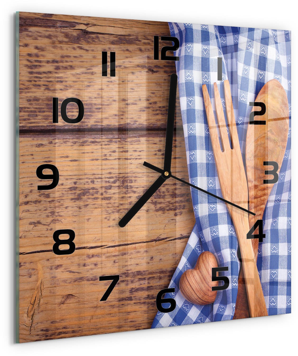 TULUP Wandklok - Houten bestek Decoratieve Glazen Klok - 30x30 cm - Blauw Glazen Wandklok Design - Zwarte handen - Vierkante Klok - Glazen Klok Met Print - Wandklok Glas Met Motief