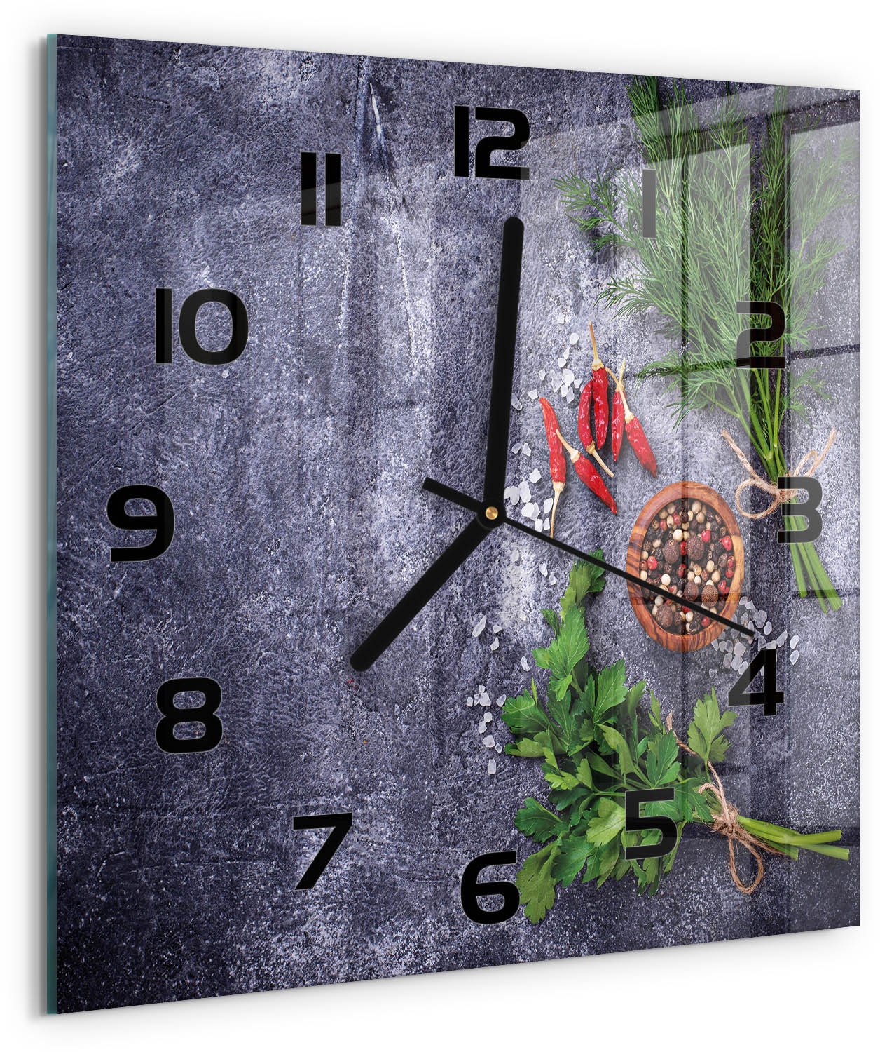 TULUP Wandklok - Kruiden en specerijen Klok Glas Met Opdruk - 30x30 cm - Groente Moderne Wandklok Glas - Zwarte handen - Vierkante Klok - Decoratieve Glazen Klok - Glazen Wandklok Design