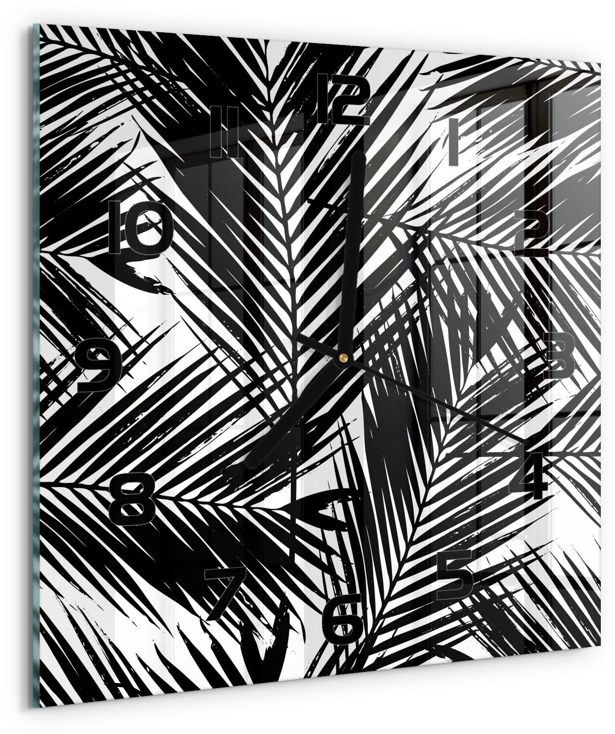 TULUP Wandklok - Palmbladeren Wandklok Glas Met Motief - 30x30 cm - Zwart-wit Decoratieve Glazen Klok - Zwarte handen - Vierkante Klok - Gekleurde Glazen Klok - Glazen Klok Met Print