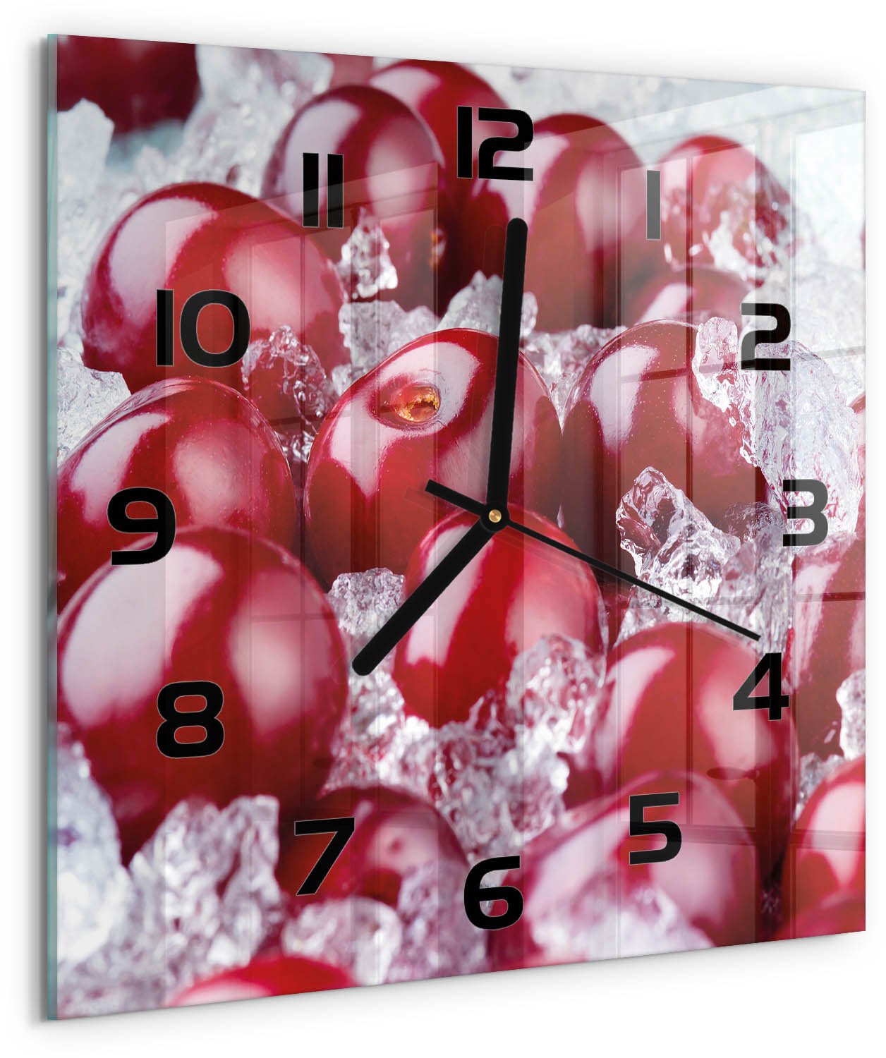 Tulup Wandklok - Bevroren kers Decoratieve Glazen Klok - 30x30 cm - Rood Glazen Wandklok Design - Zwarte handen - Vierkante Klok - Glazen Klok Met Print - Wandklok Glas Met Motief