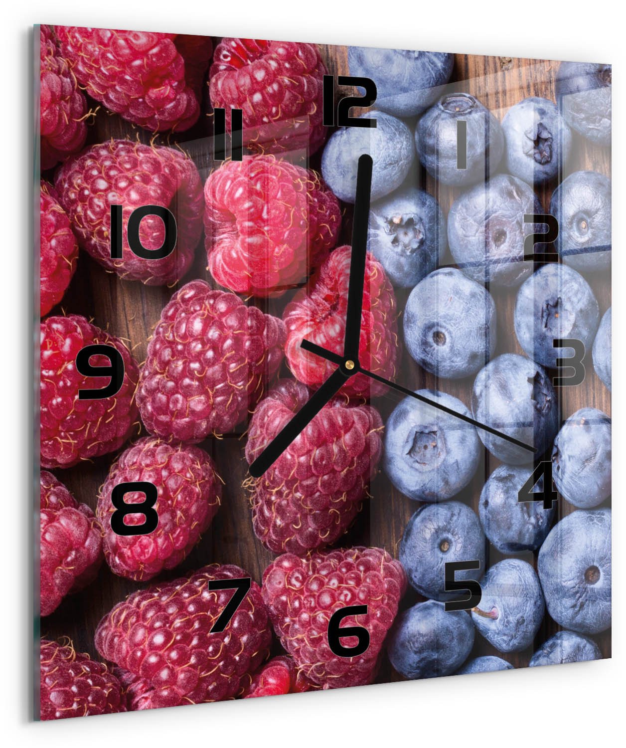 Tulup Wandklok - Bosvruchten Gekleurde Glazen Klok - 30x30 cm - Veelkleurig Glazen Klok Met Print - Zwarte handen - Vierkante Klok - Moderne Wandklok Glas - Wandklok Glas Decoratie