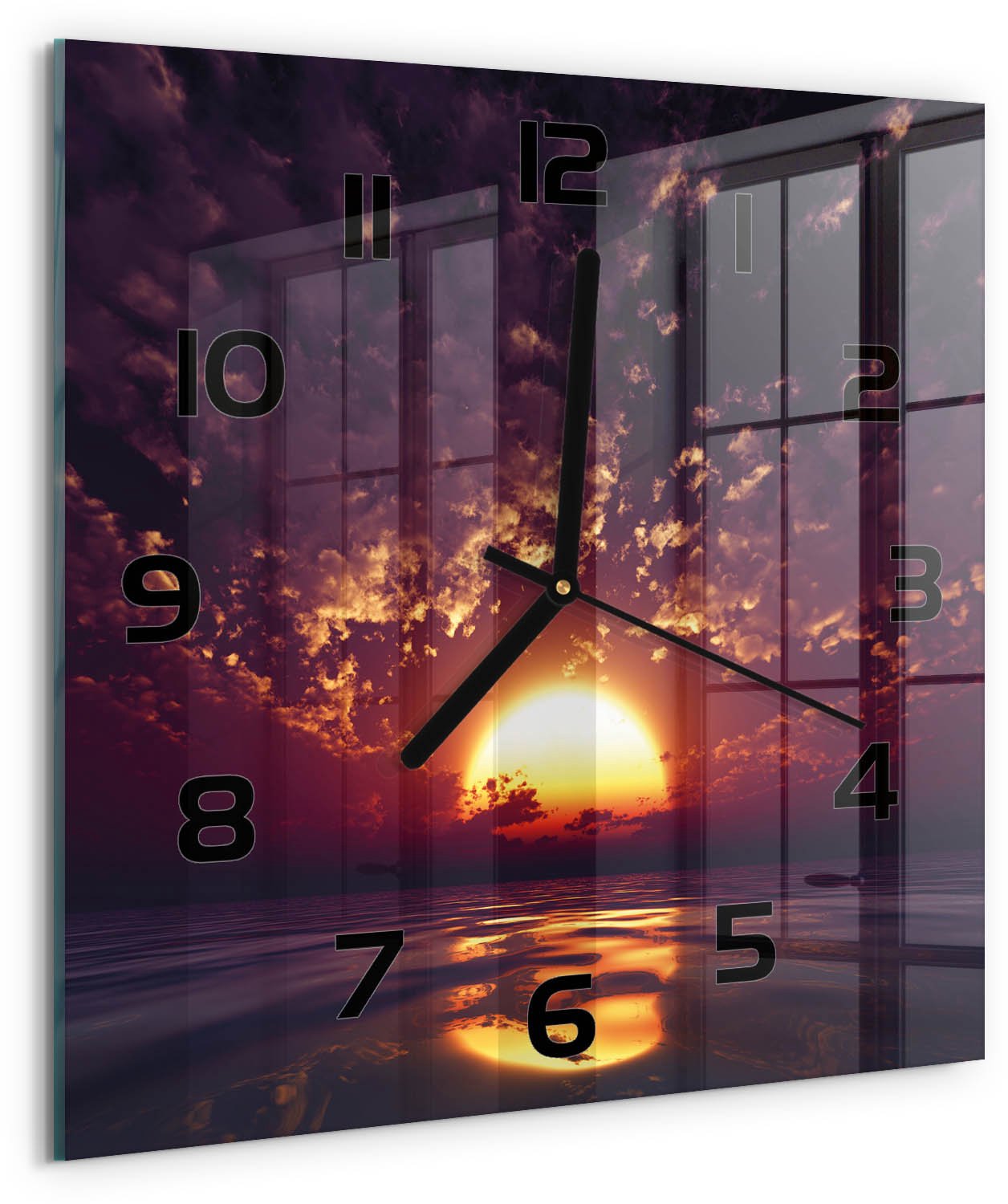 Tulup Wandklok - Zonsondergang Wandklok Glas Met Motief - 30x30 cm - Geel Decoratieve Glazen Klok - Zwarte handen - Vierkante Klok - Gekleurde Glazen Klok - Glazen Klok Met Print