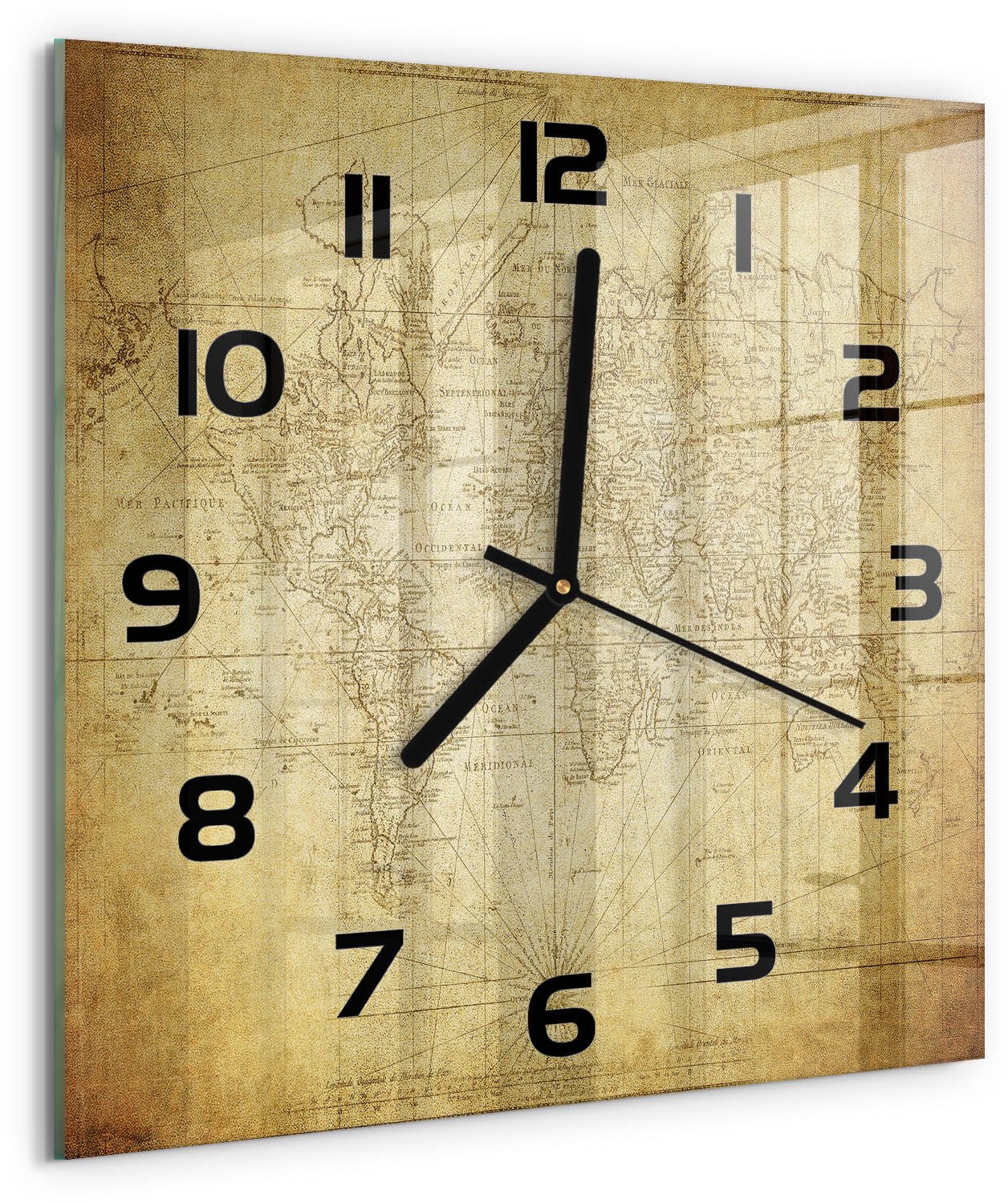 TULUP Wandklok - Oude wereldkaart Moderne Wandklok Glas - 30x30 cm - Beige Wandklok Glas Decoratie - Zwarte handen - Vierkante Klok - Glazen Wandklok Design - Klok Glas Met Opdruk