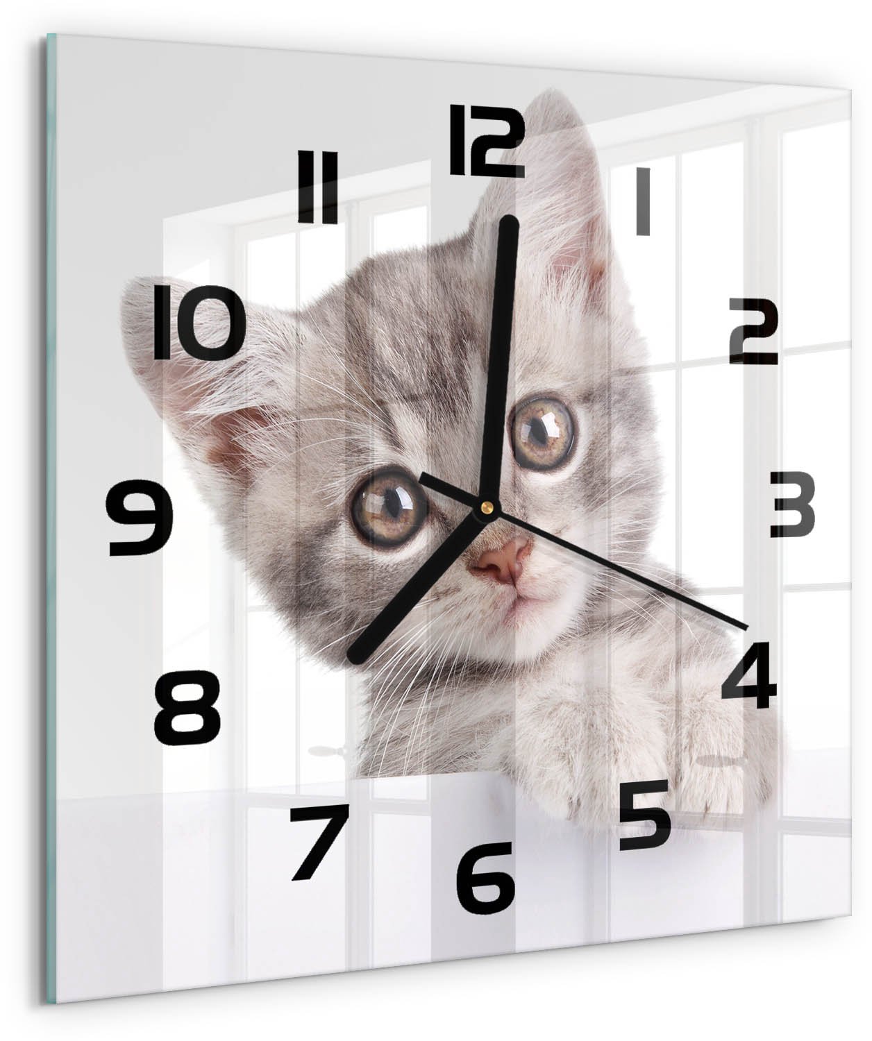 TULUP Wandklok - Grijze kat Decoratieve Glazen Klok - 30x30 cm - Grijs Glazen Wandklok Design - Zwarte handen - Vierkante Klok - Glazen Klok Met Print - Wandklok Glas Met Motief