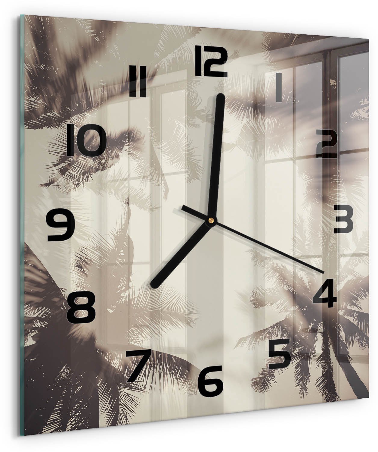 TULUP Wandklok - Palmbomen Decoratieve Glazen Klok - 30x30 cm - Beige Glazen Wandklok Design - Zwarte handen - Vierkante Klok - Glazen Klok Met Print - Wandklok Glas Met Motief