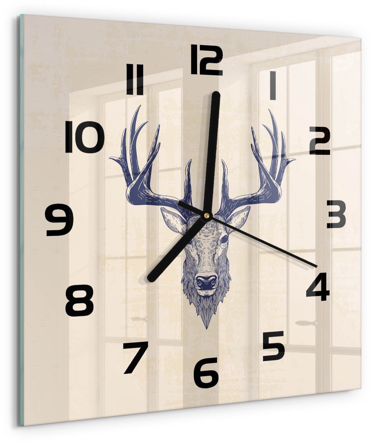 TULUP Wandklok - Hert Hert Gekleurde Glazen Klok - 30x30 cm - Beige Glazen Klok Met Print - Zwarte handen - Vierkante Klok - Moderne Wandklok Glas - Wandklok Glas Decoratie
