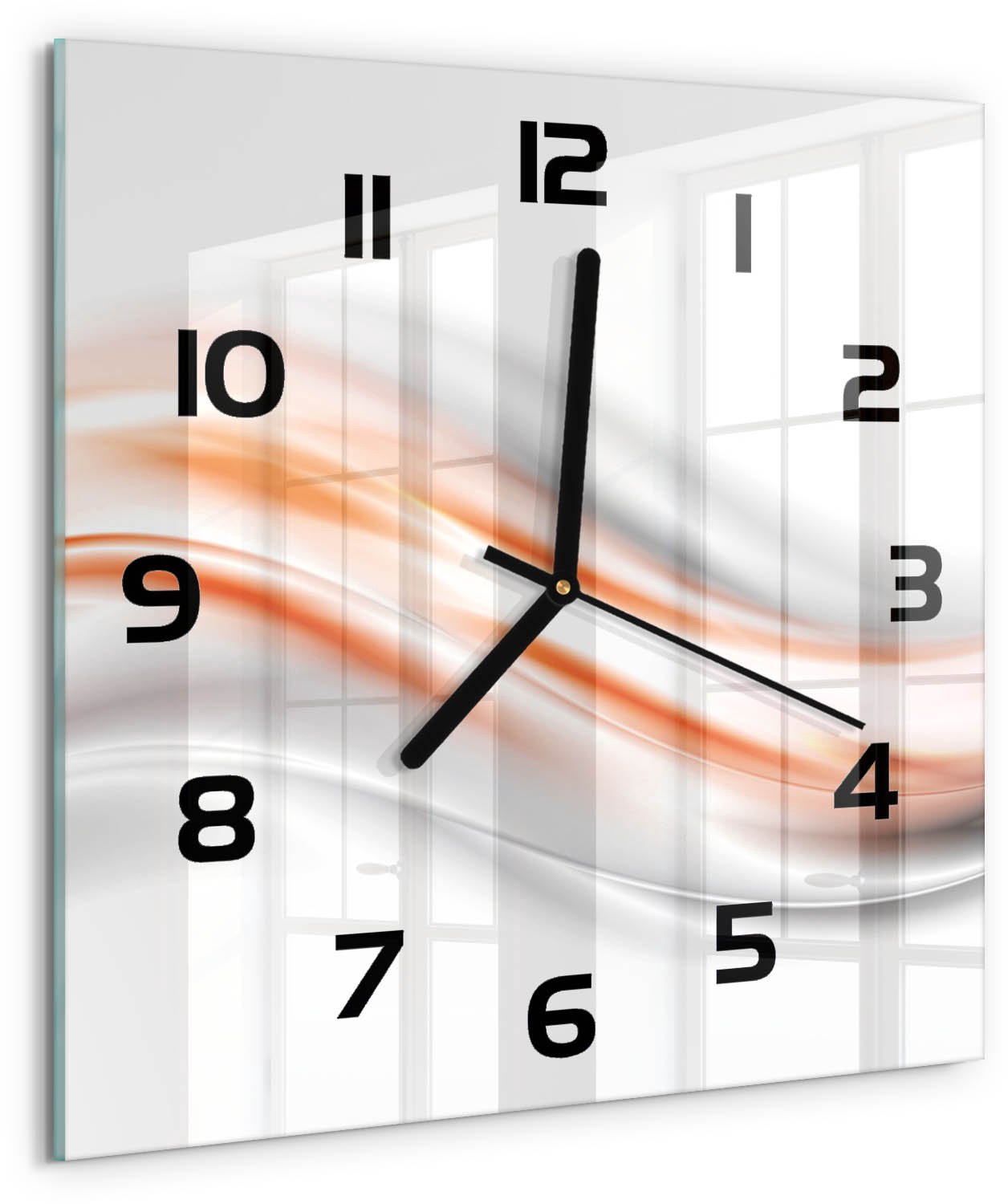 TULUP Wandklok - Golfabstractie Moderne Wandklok Glas - 30x30 cm - Oranje Wandklok Glas Decoratie - Zwarte handen - Vierkante Klok - Glazen Wandklok Design - Klok Glas Met Opdruk