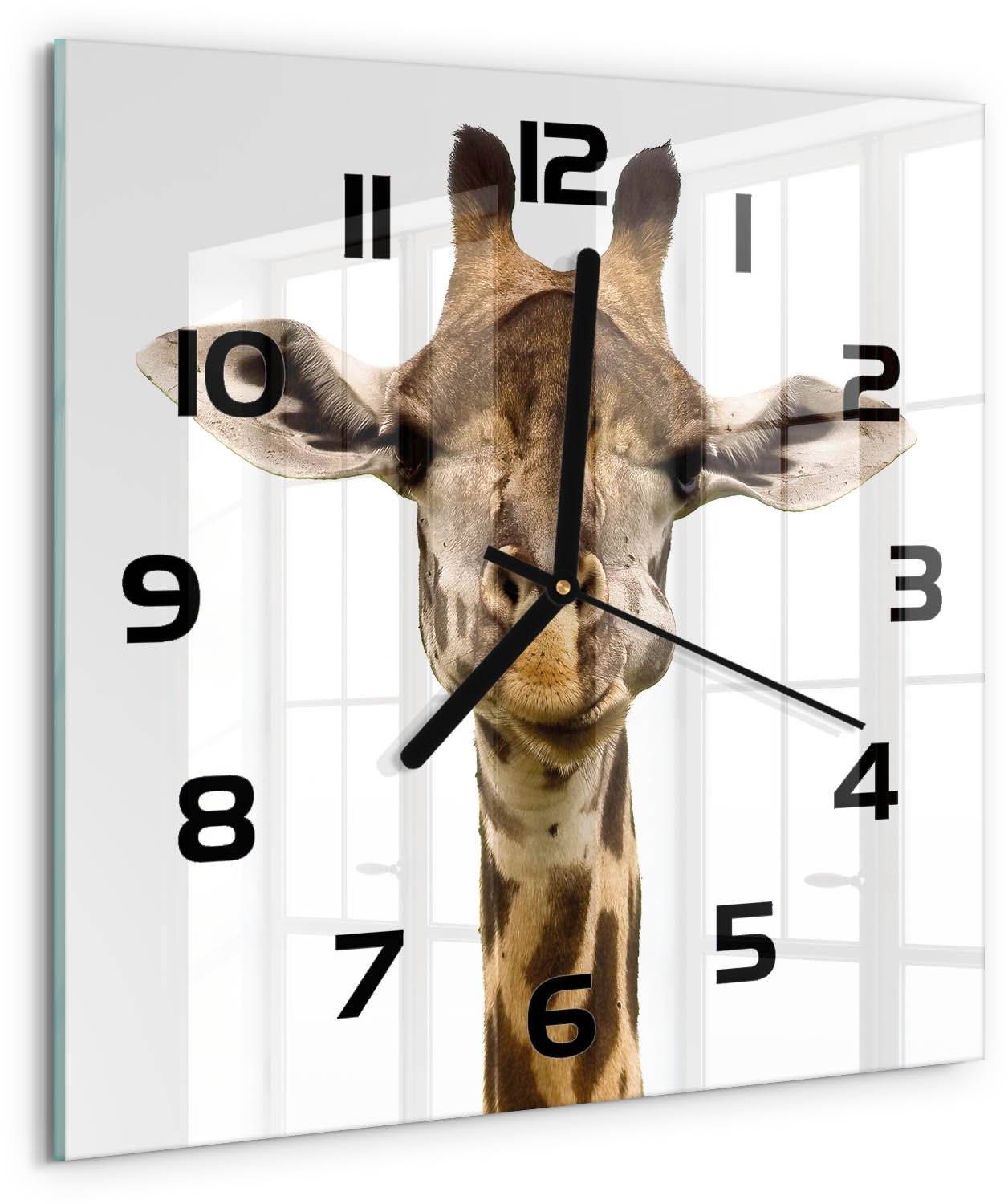 TULUP Wandklok - Giraffe Glazen Wandklok Design - 30x30 cm - Bruin Klok Glas Met Opdruk - Zwarte handen - Vierkante Klok - Wandklok Glas Met Motief - Decoratieve Glazen Klok