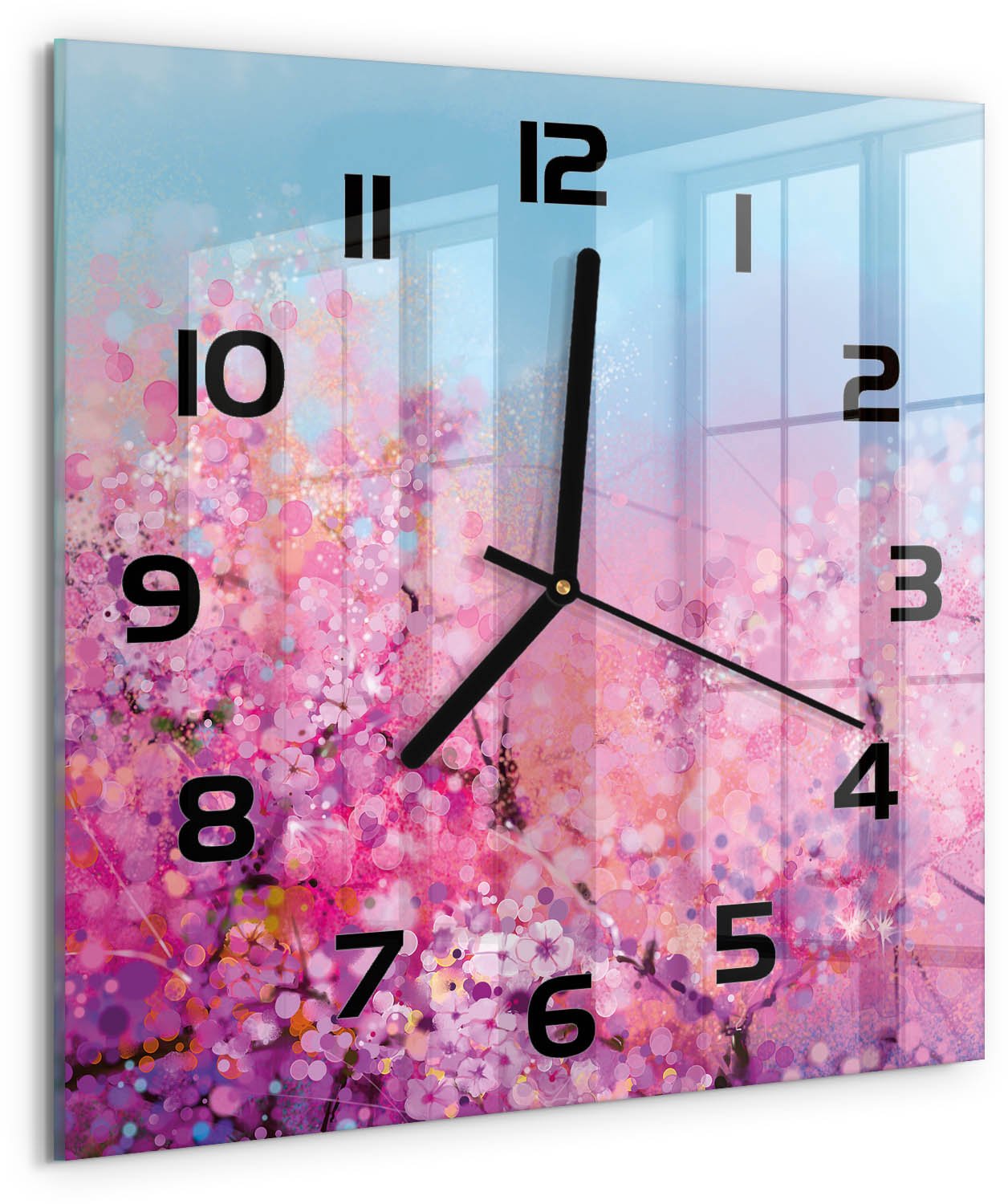 TULUP Wandklok - Kersenbloesem Glazen Wandklok Design - 30x30 cm - Roze Klok Glas Met Opdruk - Zwarte handen - Vierkante Klok - Wandklok Glas Met Motief - Decoratieve Glazen Klok