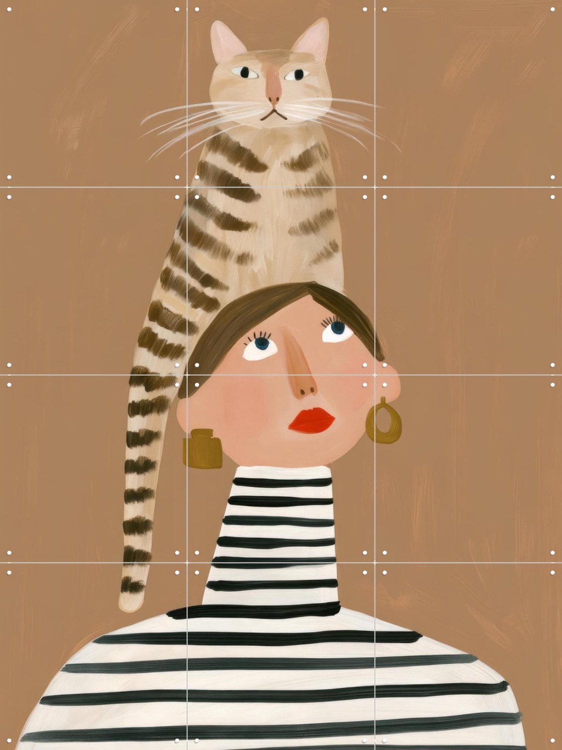 IXXI Cat On Top, Atelier Pommeline - 60 x 80 cm - Grote wanddecoratie en posters - Modern, Cartoonesk, Speels, Illustraties, Slaapkamer, Woonkamer Bruin
