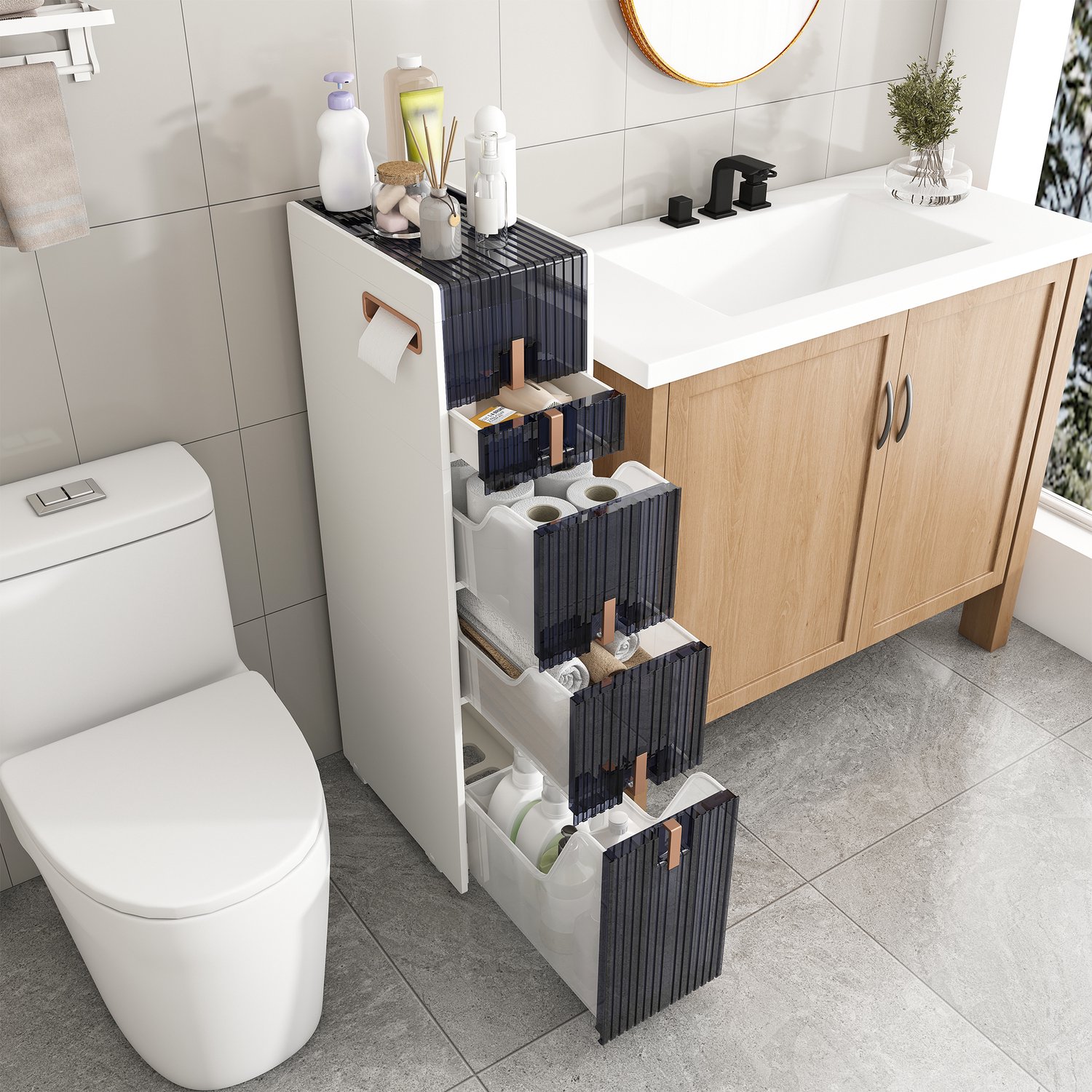 Smalle Ladekast Opbergkast Wit - 3 Grote Laden - 1 Kleine Lade - 2 Klepdeksels - 2 Voorste Wielen - Antislip Steunpoten - Robuust PP-materiaal - Badkamer Opbergruimte
